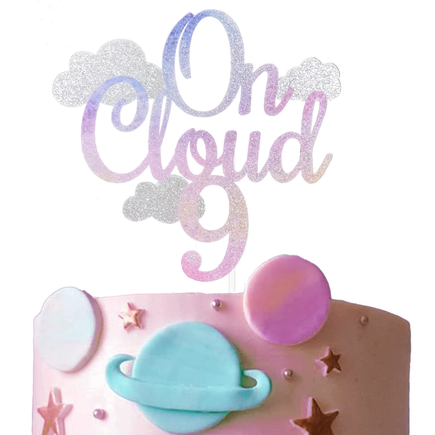 FestusDecor Glitter On Cloud 9 Cake Topper - 9th Birthday Cake Decor, Dreamy Gradient Color Party Decoration for Girls