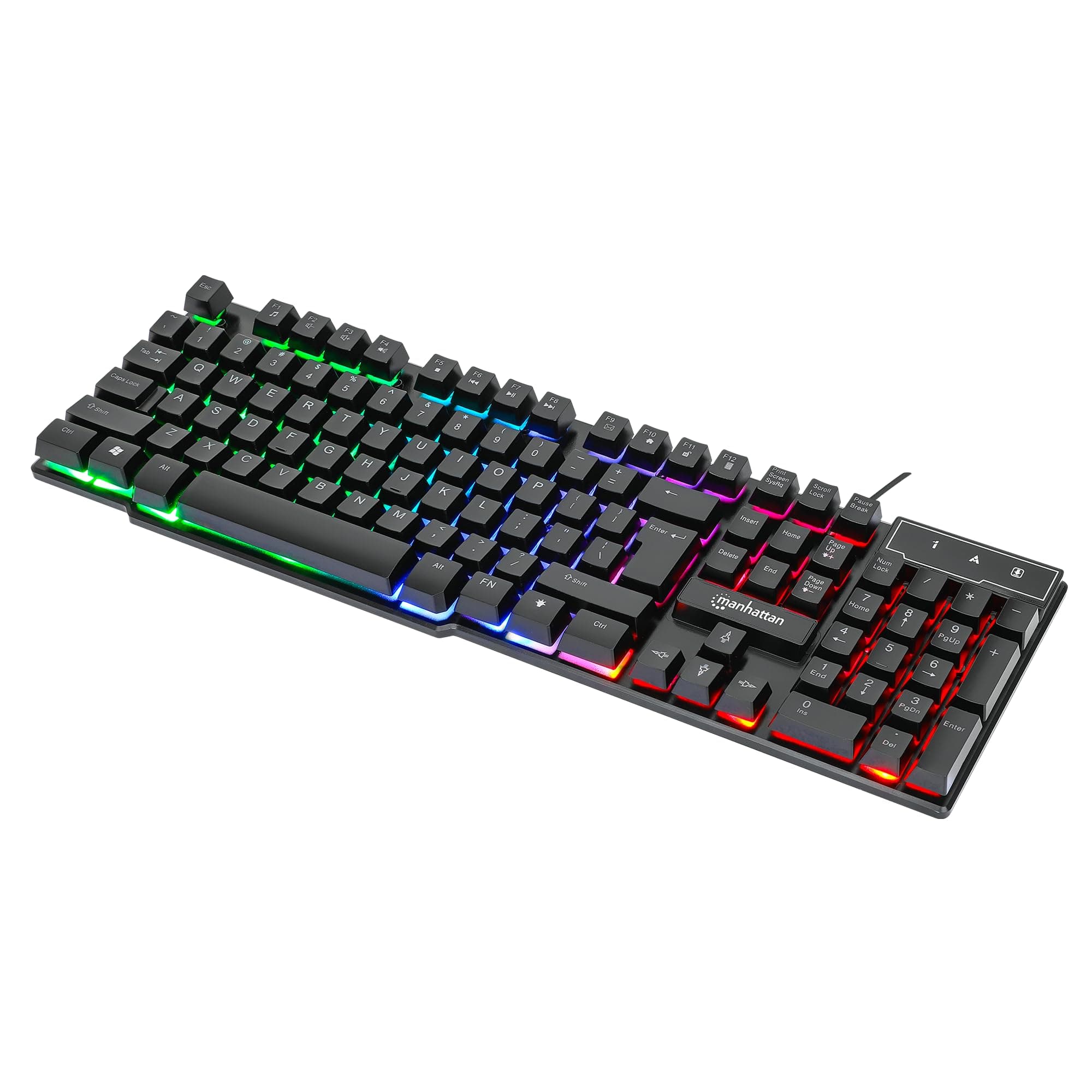 Manhattan Wired Membrane Gaming Keyboard – with Backlit RGB LED, USB-A Connection, Quiet Keystrokes, 12 Multimedia Function Keys - for Computer, PC, Desktop, Gamer – 3 Yr Mfg Warranty - 180603