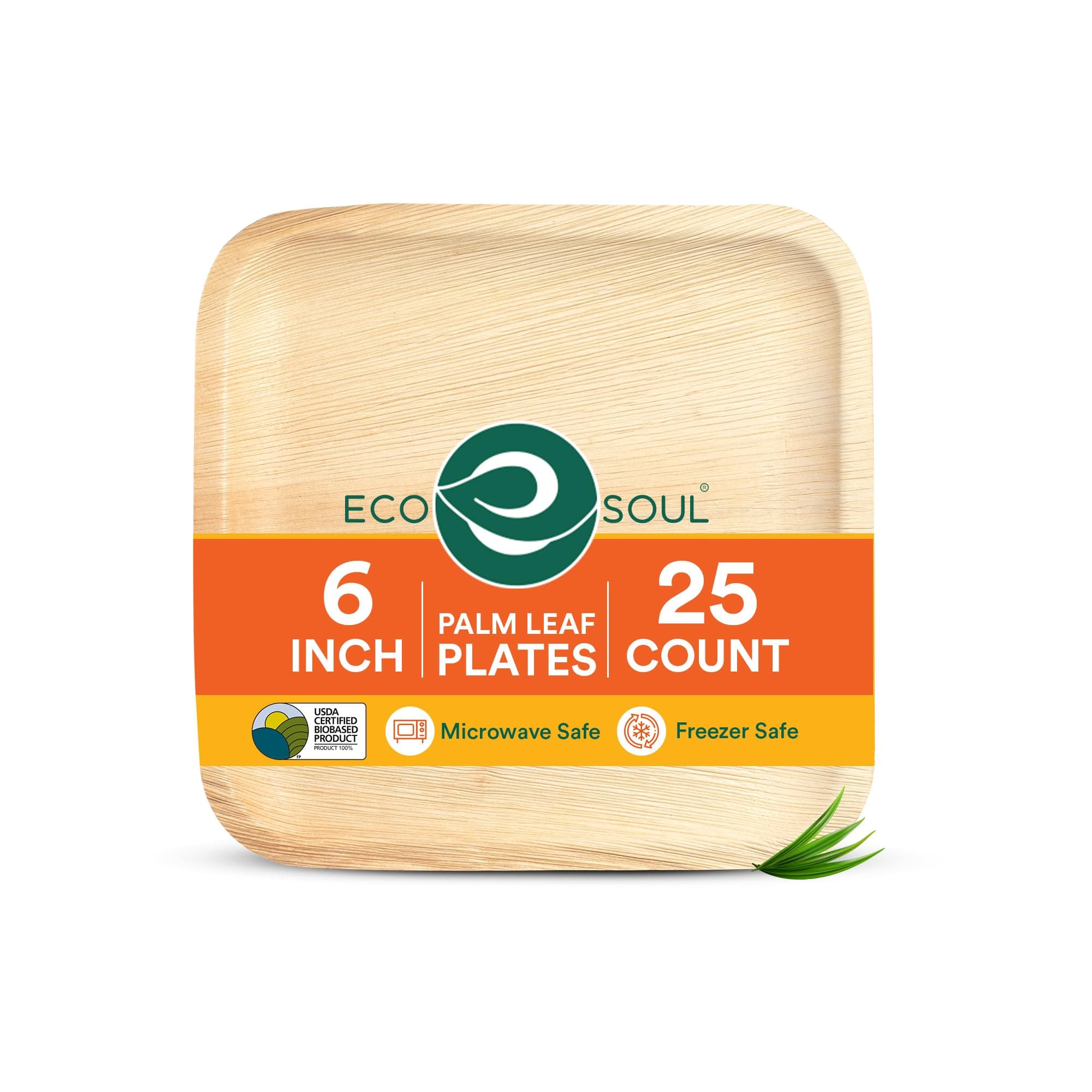 ECO SOUL [6 inch, 25-Pack Areca Palm Leaf Square Plates | Disposable Eco-Friendly Biodegradable Like Bamboo Wood Plates | Party, Wedding, Event Plates (15 cm)