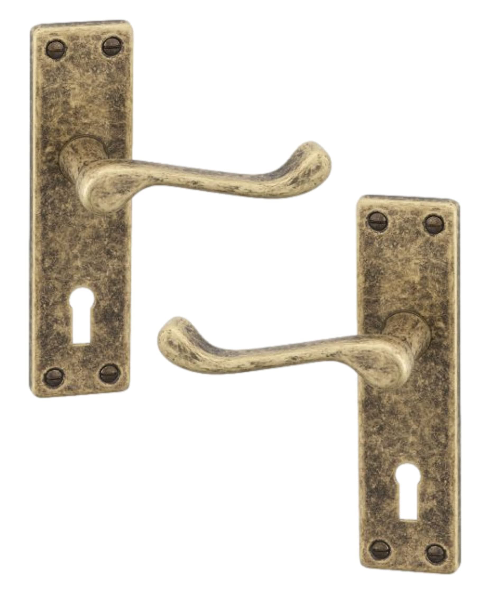 URFIC Copper Door Handle for Internal and External Doors Victorian Scroll Set of 2 Lever Lock on Plate. Sleek Design Levers for Wooden Kitchen and Bedroom Interior and Exterior Doors.