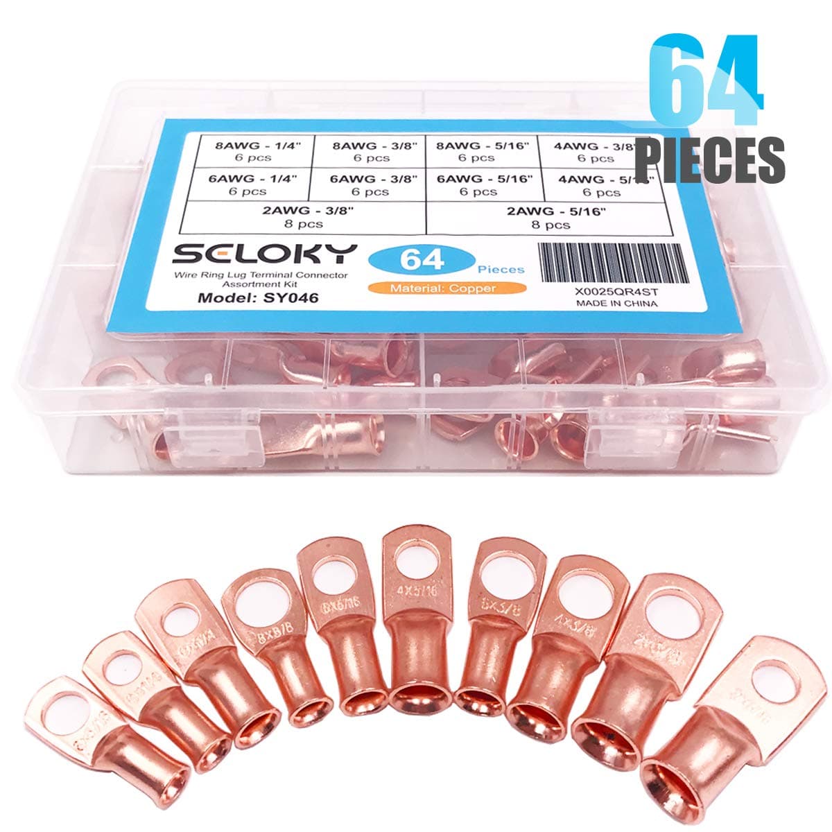 Seloky Copper Wire Lugs,64pcs Battery Cable Terminal Closed Ends Eyelets Tubular Ring Connectors Assortment Kit-10 Sizes