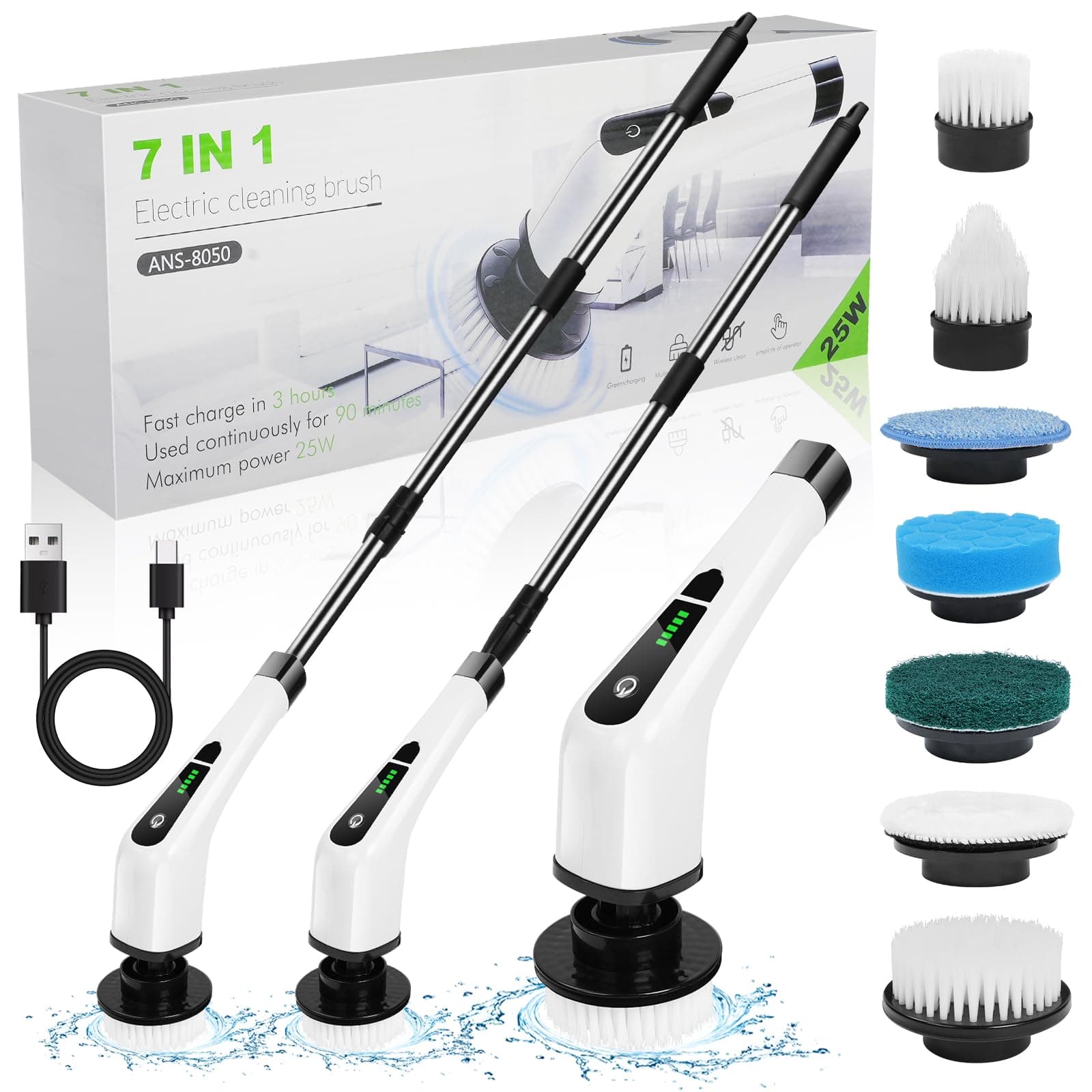 OSDUE Electric Spin Scrubber, Cordless Shower Cleaner with 7 Replacement Brushes, 400 RPM Electric Bathroom Cleaning Brush with Adjustable Extension Arm for Tile, Tub, Kitchen, Floor, Bathroom