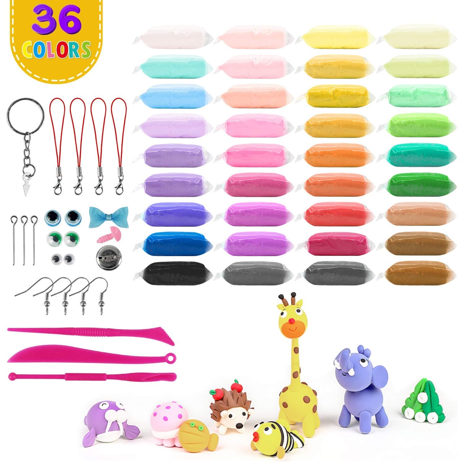 Tunnkit 36 Pack Modeling Clay Kits - Super Light , Non-Toxic, Assorted Colors Air Dry Clay Set for Kids, Utility Clay Dough Tools Includes