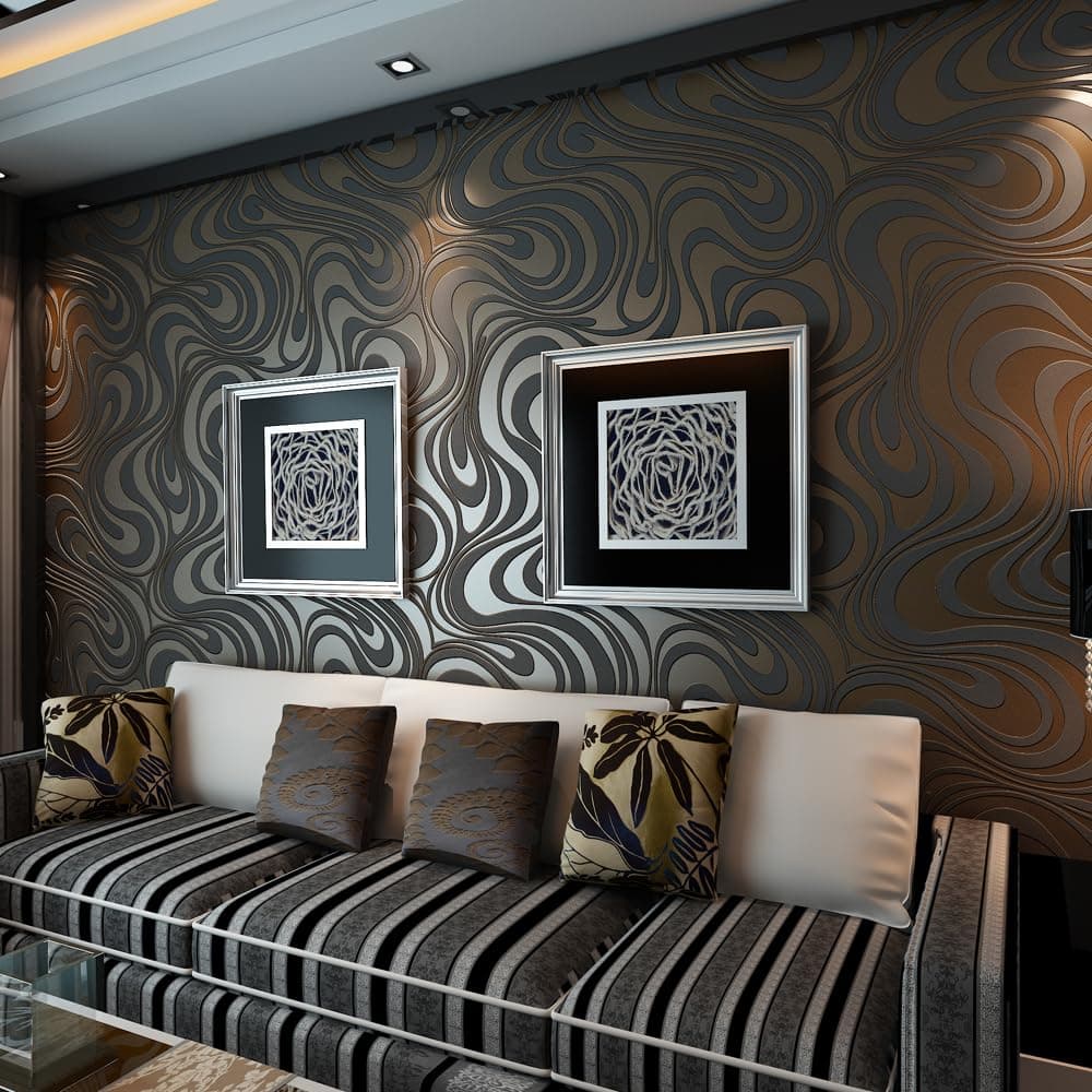 HANMERO Modern Luxury Abstract Curve 3D Wallpaper Roll Mural Papel De Parede Flocking for Striped Black&Brown Color Wallpaper 0.7m*8.4m=5.88㎡