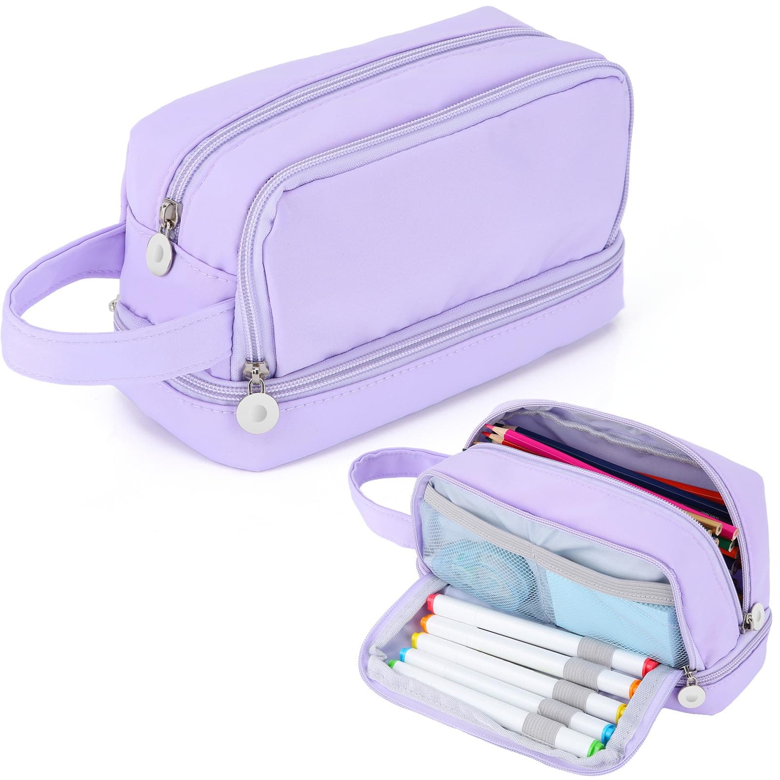 Alyvisun Large Capacity Pencil Case with 3 Compartments for Boys Girls, Desk Stationery Organizer Pencil Pouch with Handle, Portable Pencil Case for School Office Supplies (Purple)
