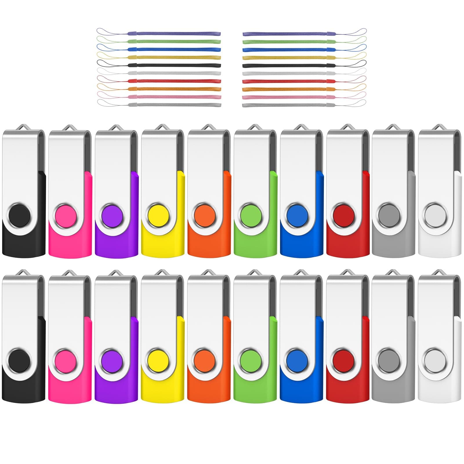 AreTop Bulk Flash Drive 32GB 20 Pack, USB 2.0 Swivel Thum Drive Pendrive Memory USB Stick Flash Drives Bulk Storage (20PCS 32GB, 20 Pack Lanyards)