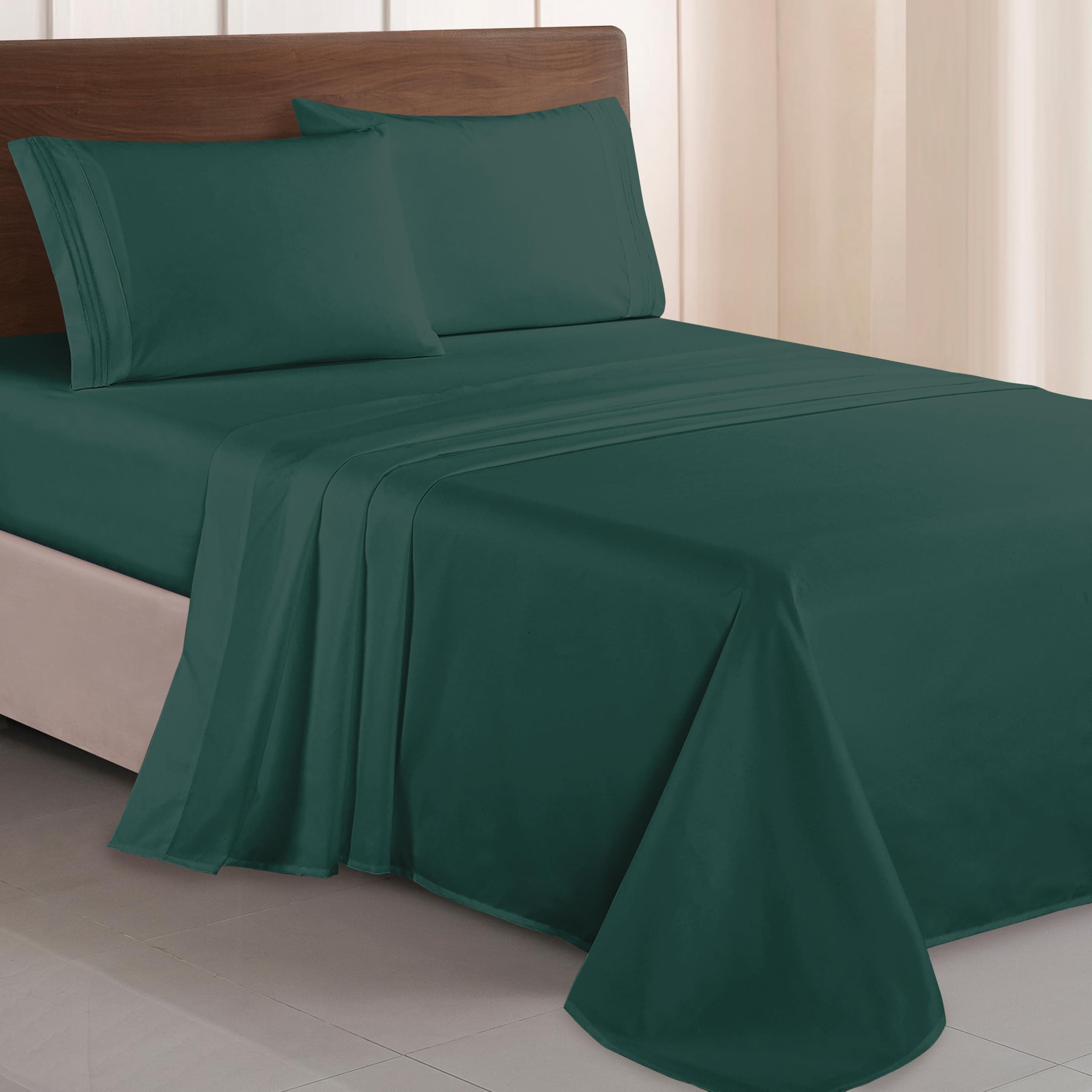 Luxurious 1500 Thread Count Egyptian Quality Three Line Embroidered Softest Premium Hotel Quality 4-Piece Bed Sheet Set, Wrinkle and Fade Resistant, Queen, Hunter Green