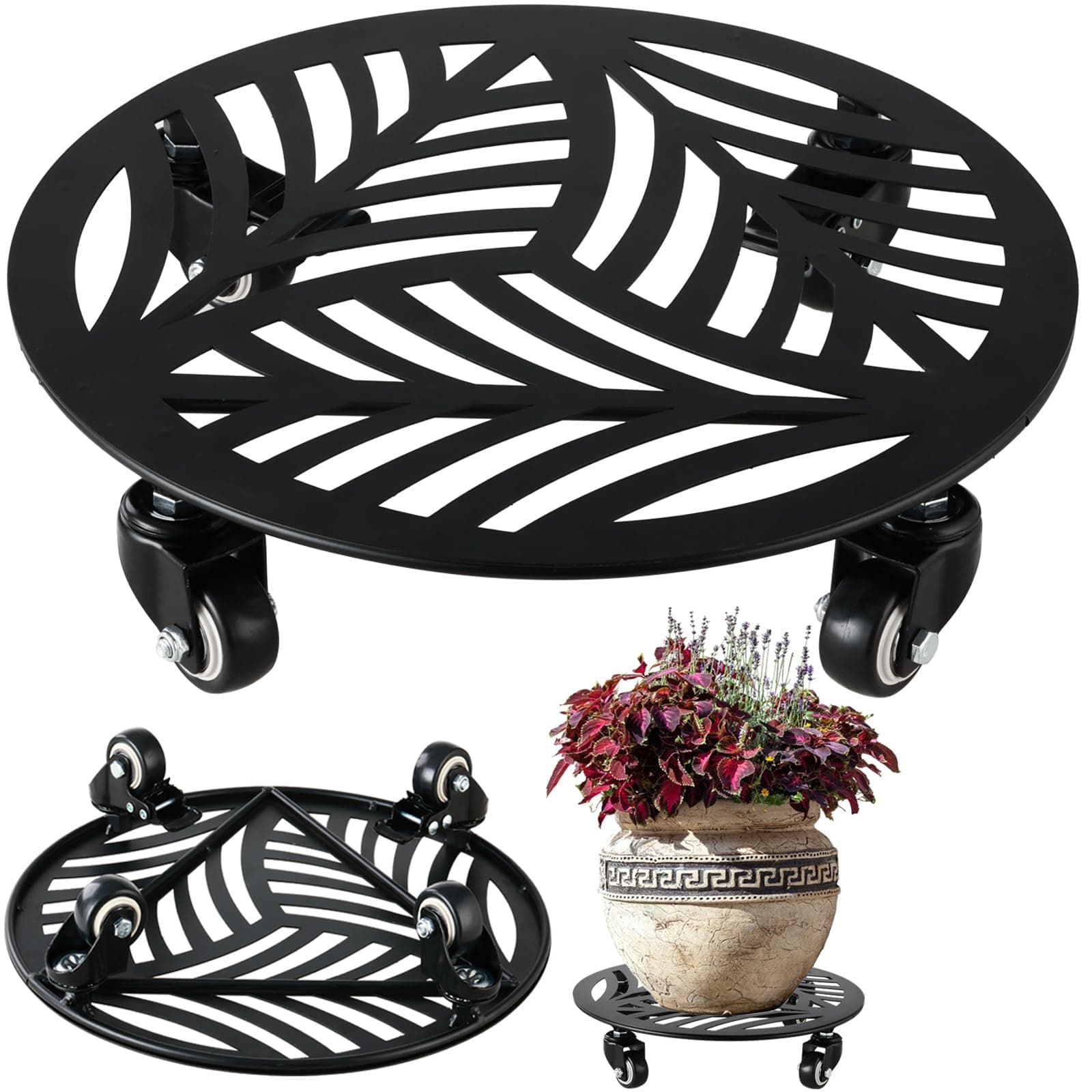 1 Pack Large Metal Plant Caddy with Wheels 13.6 Inches Heavy-duty Wrought Iron Rolling Plant Stand with Casters Indoor Outdoor Plant Roller Base Planter Movers Plant Dolly Coaster Trolley Black