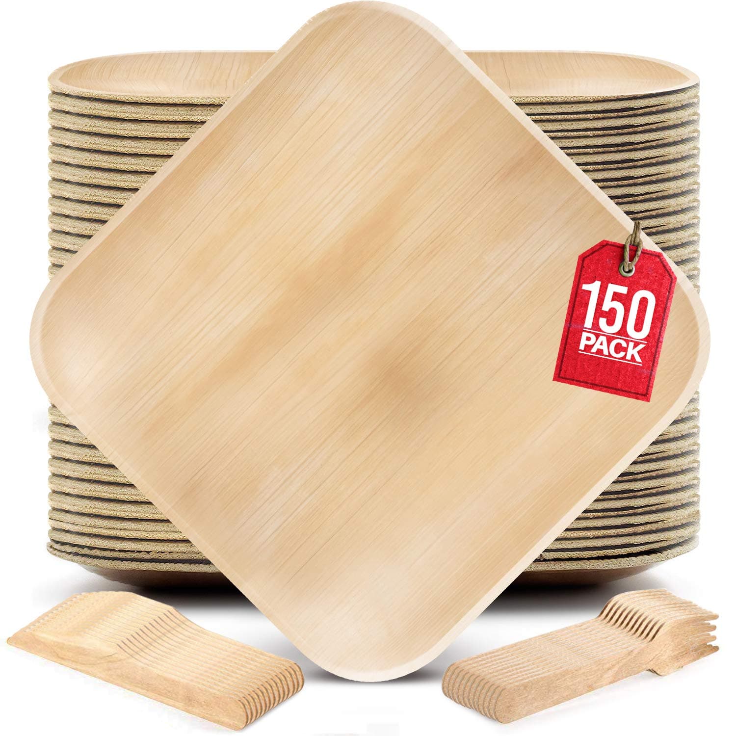 Palm Leaf Plates Party Pack (50 8" Square Palm Plates + 50 Wood Forks + 50 Wood Knives) - Durable Eco Friendly Plates Perfect for Rustic Party Decorations, Disposable Plates Eco Friendly