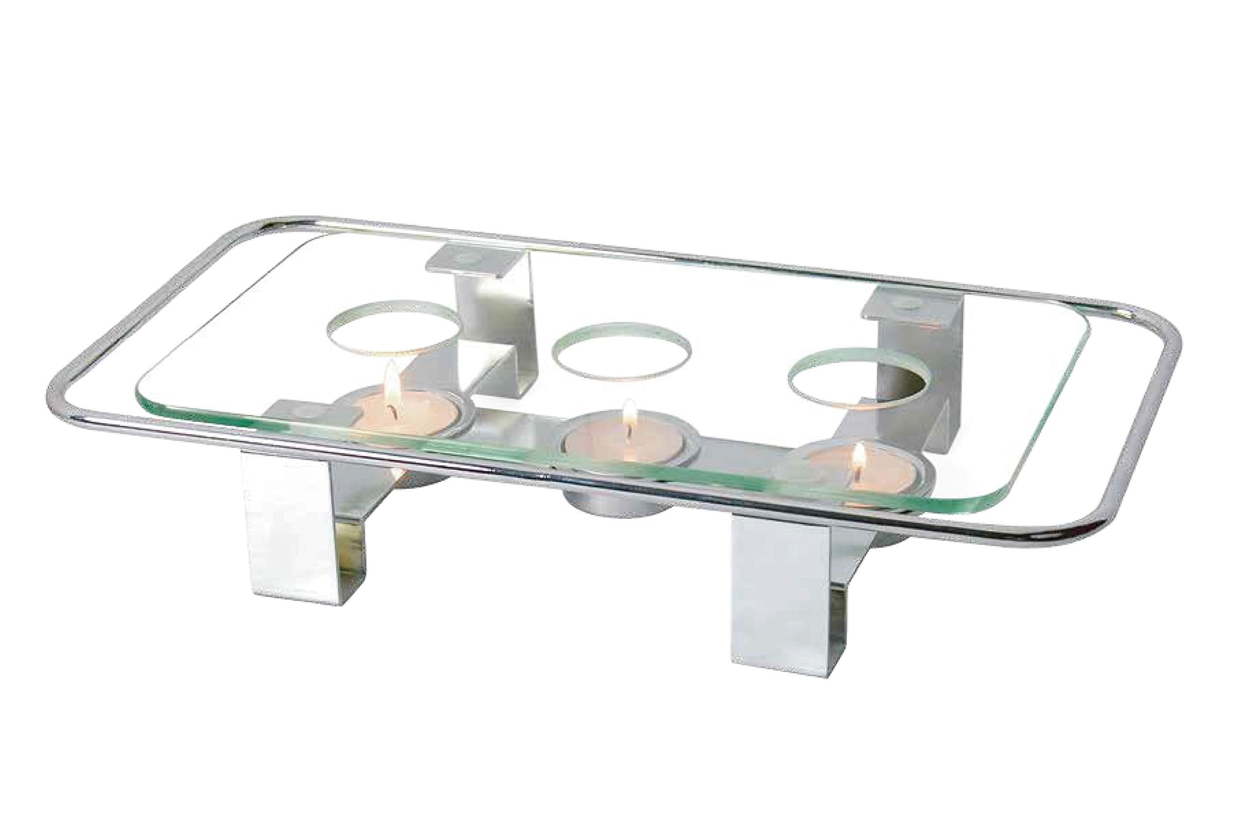 NEWLINE NY Chrome Plated Glass Dish Warmer Rectangular Glass Top 3 Holes Tea Light Votive Candle Goumet Food Warmer Natural