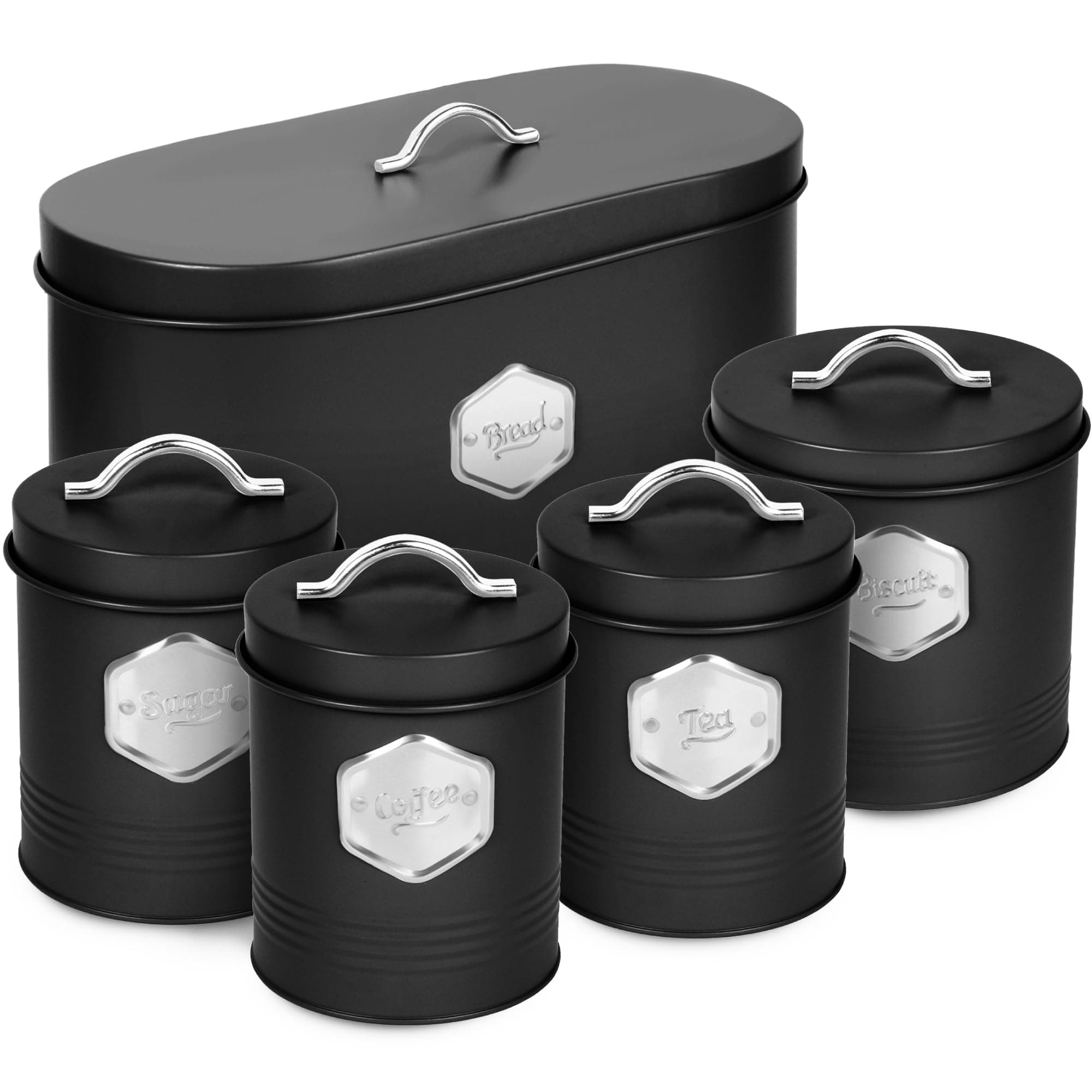 Black Kitchen Canister Set - Stylish 5 Piece Kitchen Storage Canisters for Bread, Biscuits - Sugar Coffee Tea Storage Set with Airtight Lids, Labelled Containers (5 PCS)