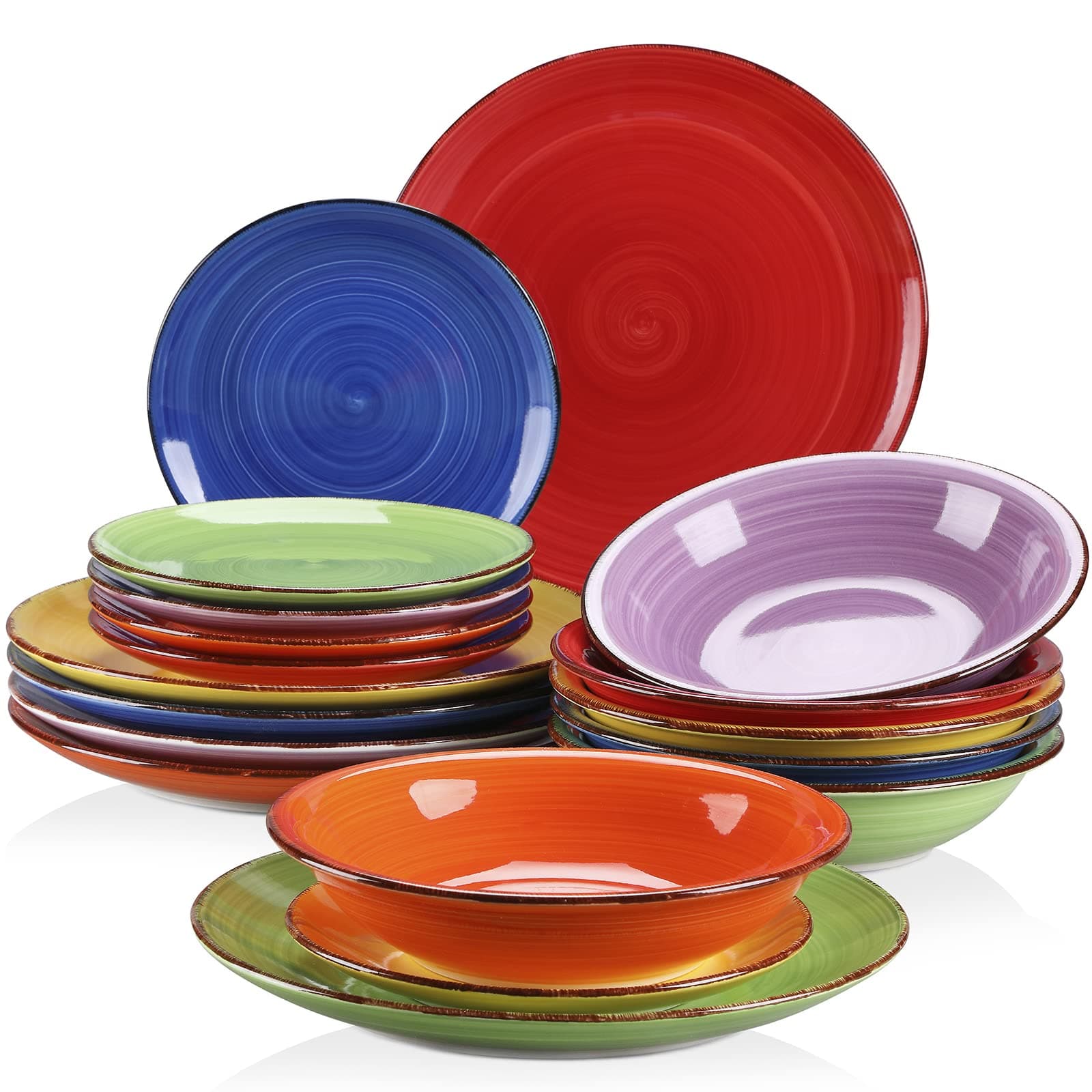 vancasso Bonita Muticolour Dinner Set 18 Pieces Stoneware Dinnerware Set for 6, Handpainted Spirals Pattern Ceramic Combination Set with 10.5in Dinner Plate, 7.5in Dessert Plate and 27oz Soup Bowl
