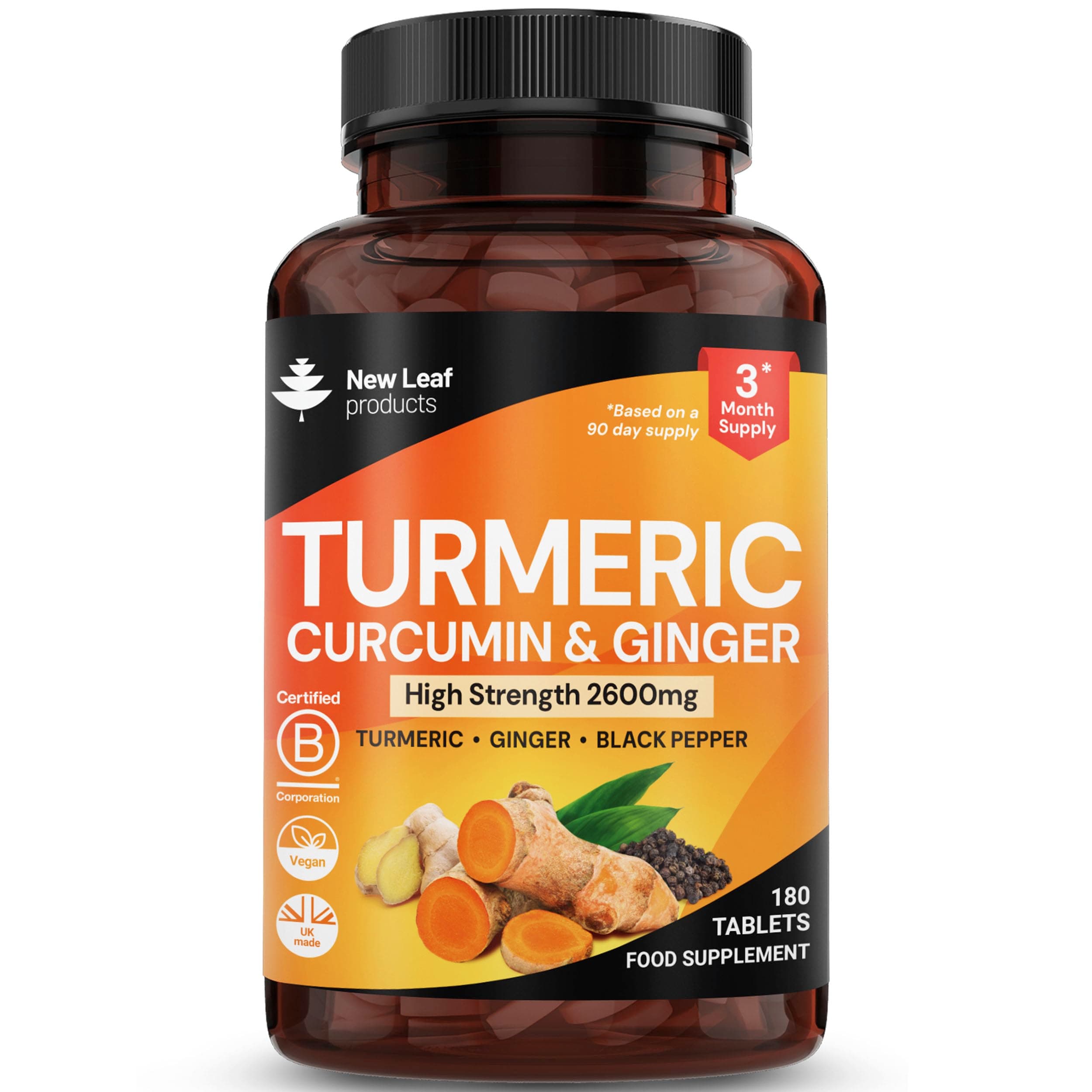 Turmeric Tablets 2600mg with Black Pepper & Ginger - 95% Curcumin Extract -180 Turmerics and Black Pepper Tablets (3 Months) High Strength Active Turmeric Supplements Not Capsules,By New Leaf