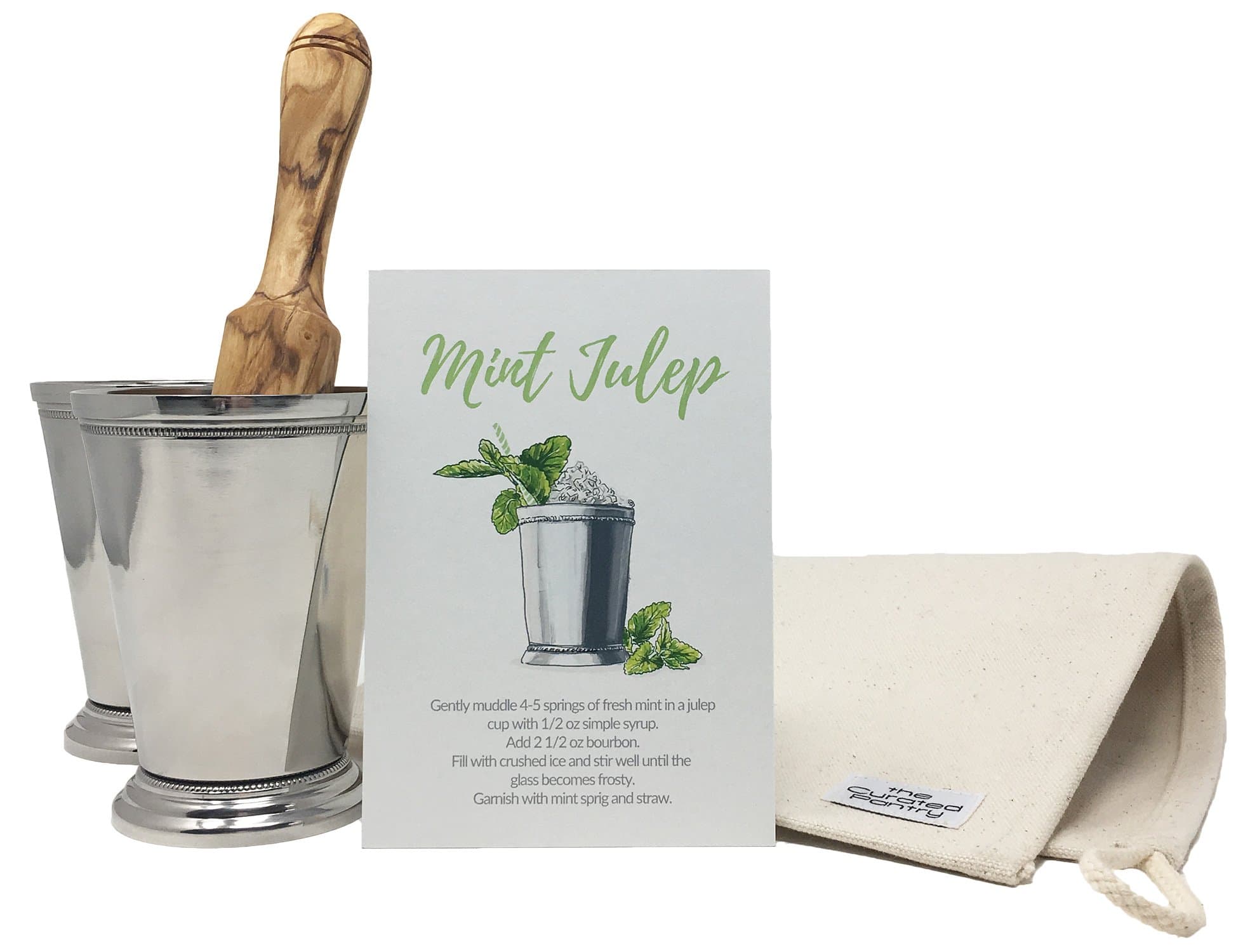 Mint Julep Cocktail Essential Tool Kit - (2) 12oz Cups, Lewis Bag, Muddler/Mallet and Recipe Card (5 items)