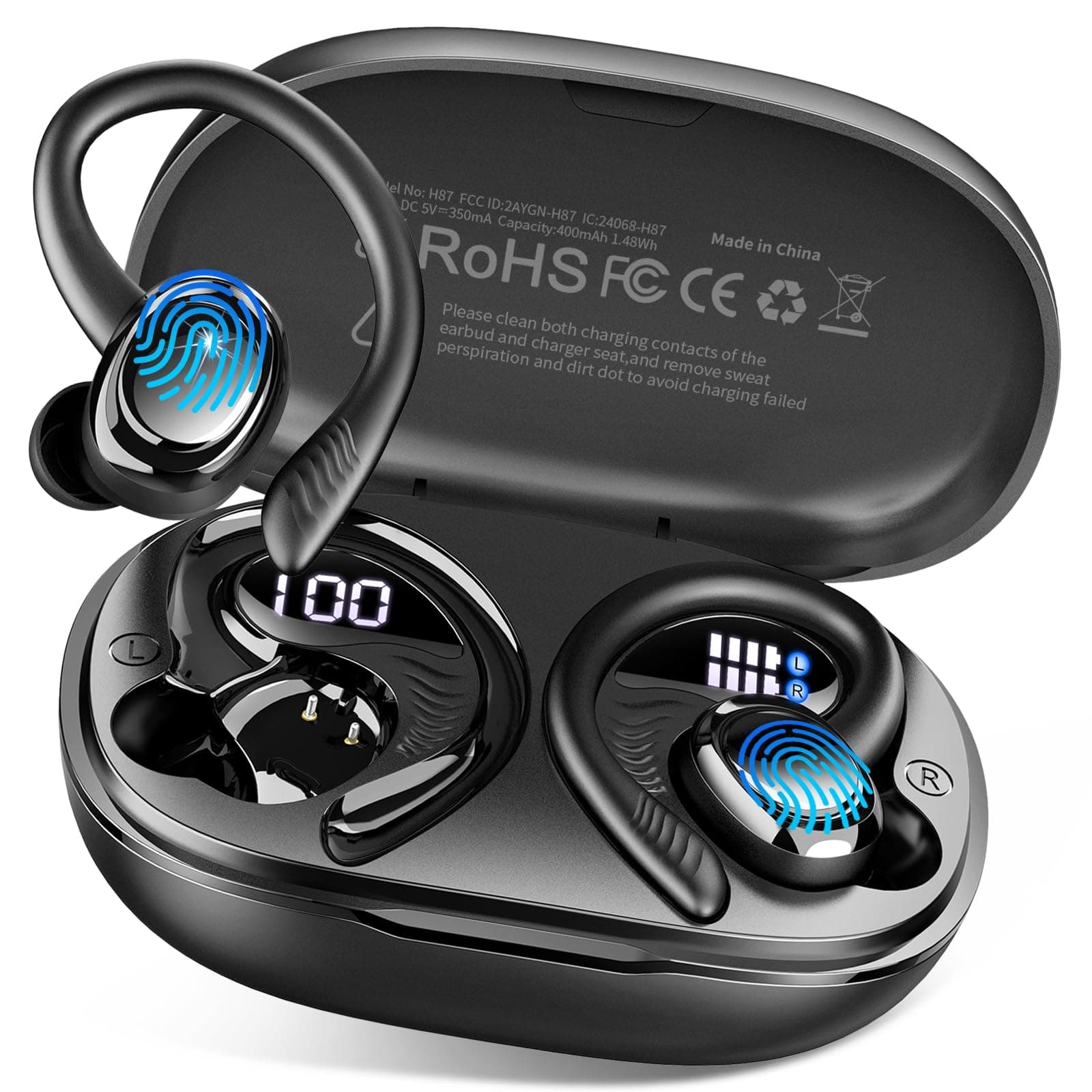 Wireless Earbuds Bluetooth 5.4 Headphones Sport, 2025 Bluetooth Earbuds with Earhooks, 50H Stereo Over Ear Buds, Earphone with 4 ENC Noise Canceling Mic, IP7 Waterproof Headset for Running/Gym/Workout