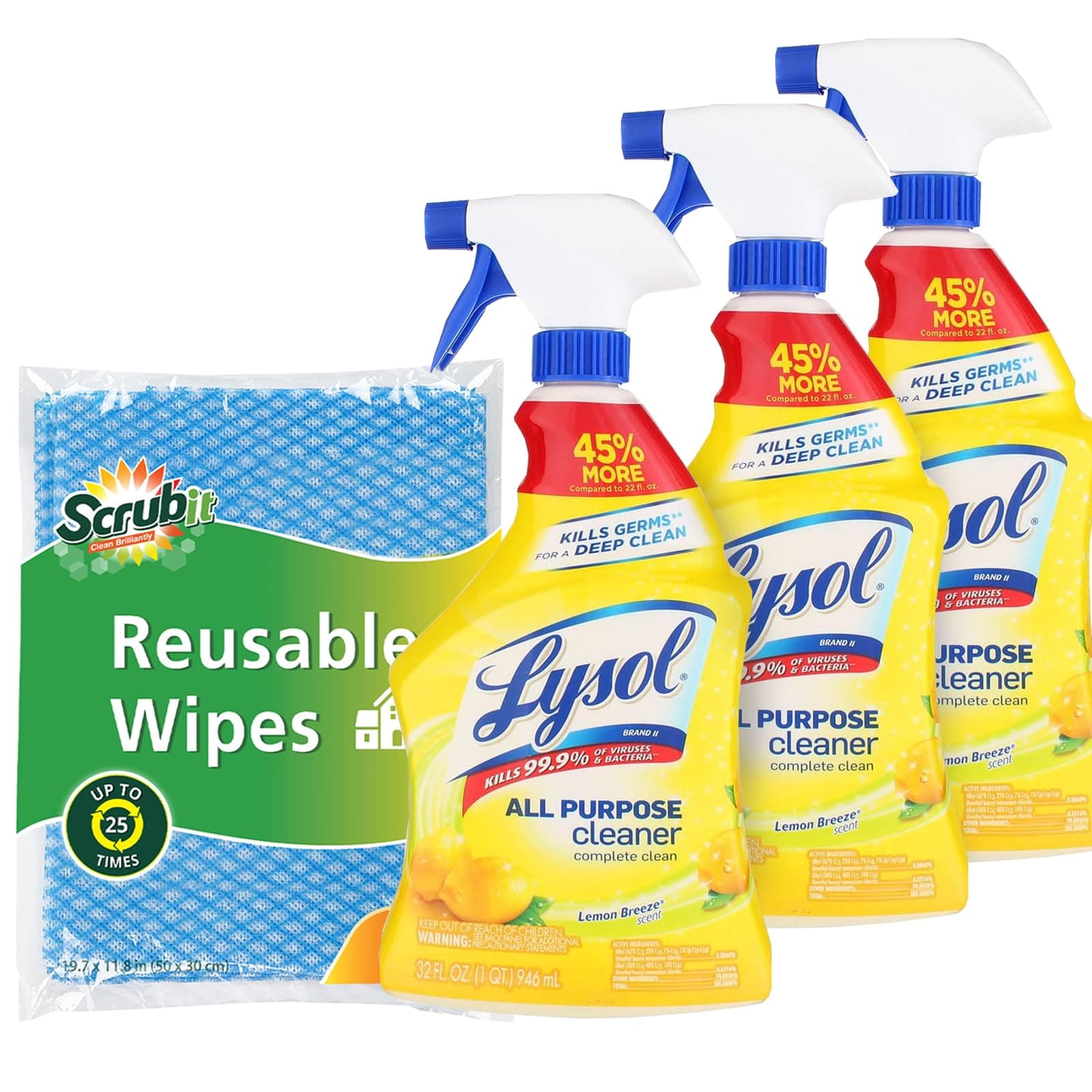 3 Lysl All Purpose Cleaner Spray - 32 oz. Lemon Breeze Scent - 3 Pack - Lysl' Bathroom Cleaner - Includes 5 Reusable Handy Wipes To Clean and Deodorize Kitchen & Bathroom