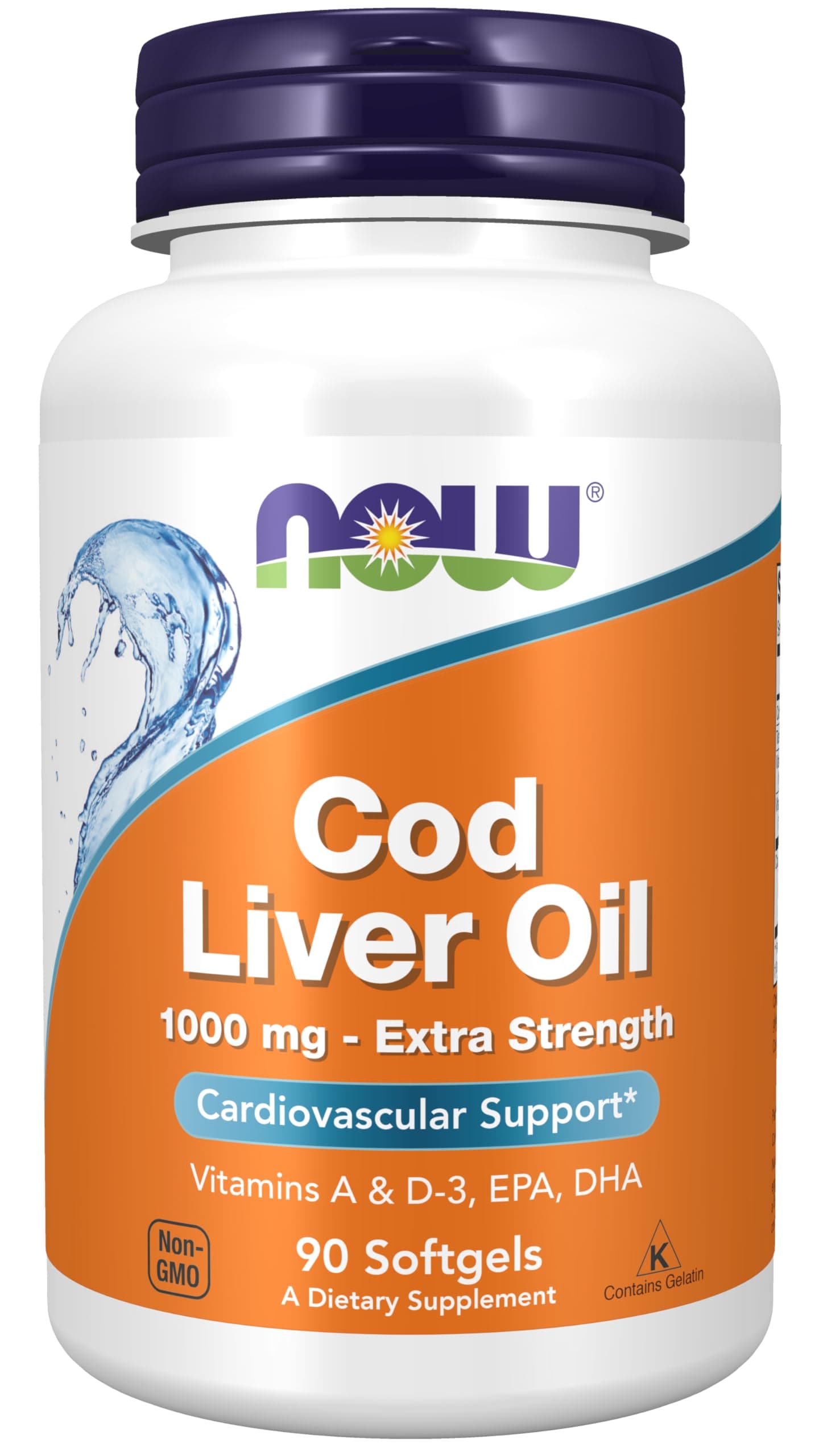 NOW Foods Supplements, Cod Liver Oil, Extra Strength 1,000 mg with Vitamins A & D-3, EPA, DHA, 90 Softgels