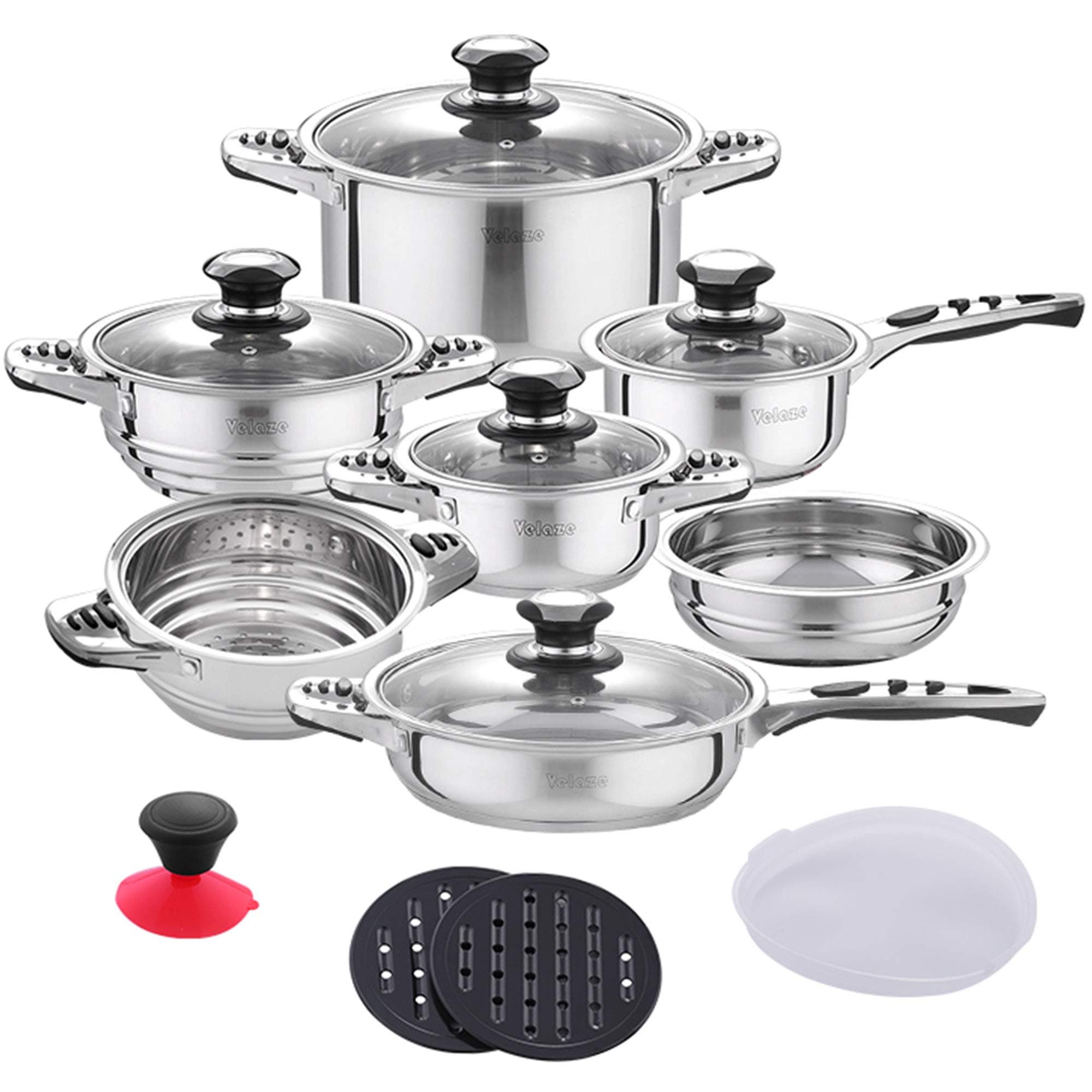 Velaze Professional Grade Multi-Layer Base Stainless Steel Pots and Pans Kitchenware Set, 27 x 15 x 12 inches, Silver