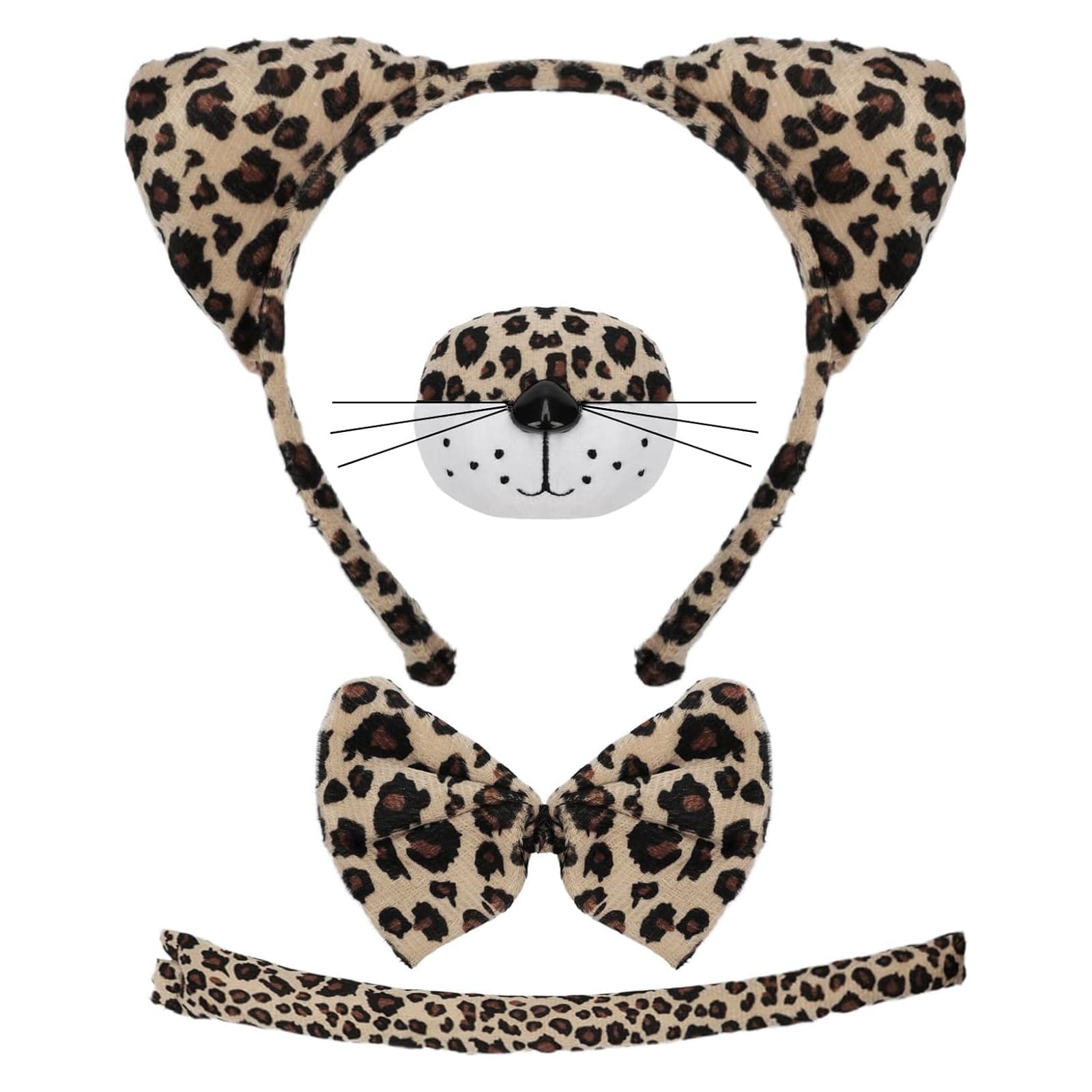 4 PCS Leopard Costume Set Leopard Ears Headband Cheetah Costume for Kids Cheetah Ears Headband with Tail Bow Tie & Nose Animal Ears Headband for Kid Adults Halloween Cosplay Dress Up Party