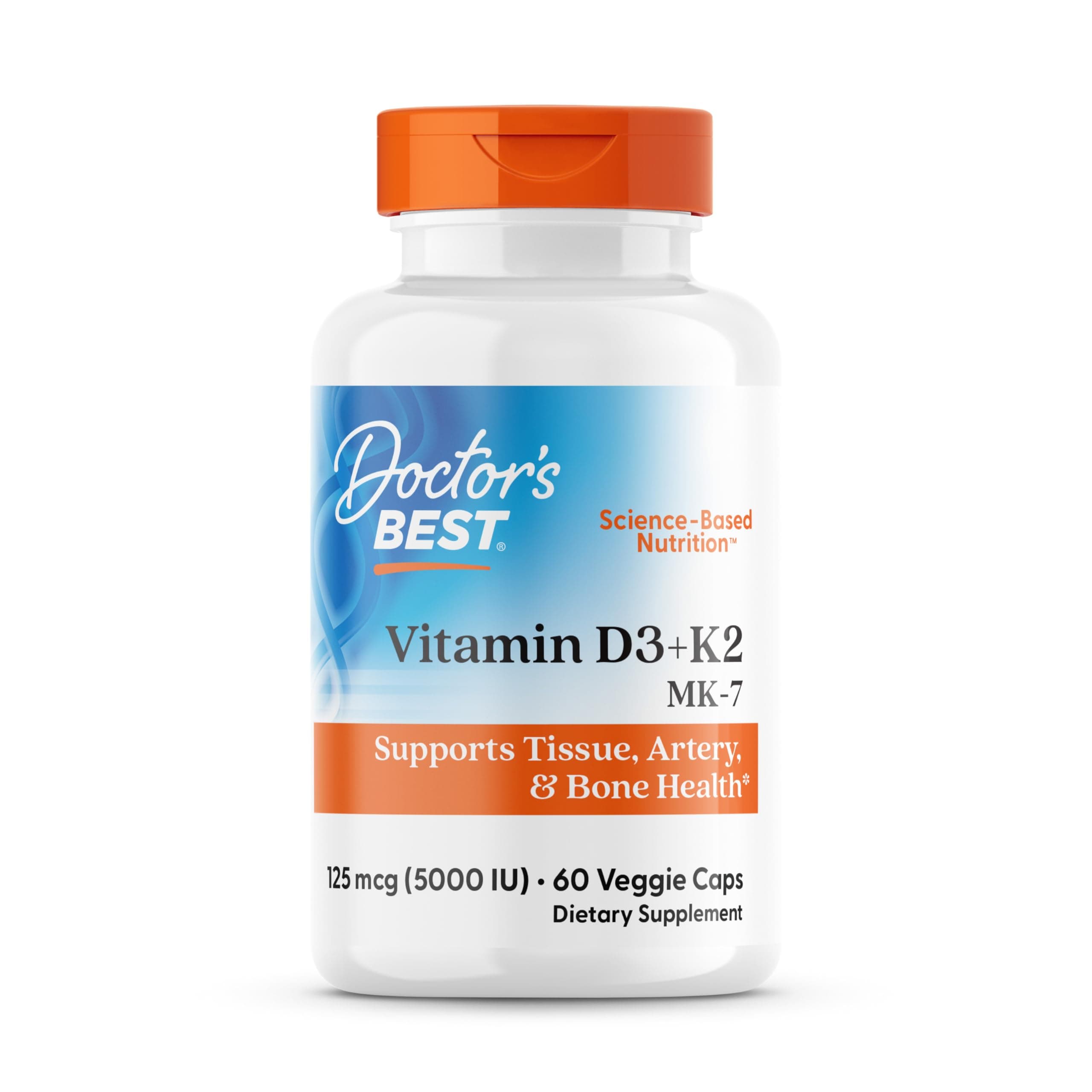 Doctor's Best Vitamin D3 + K2 (Vitamin K2 as MK-7), Supports Bone, Tissue, & Arterial Health, Calcium Absorption • Non-GMO • Gluten Free • Vegetarian, 5000 IU, 60 Veggie Caps