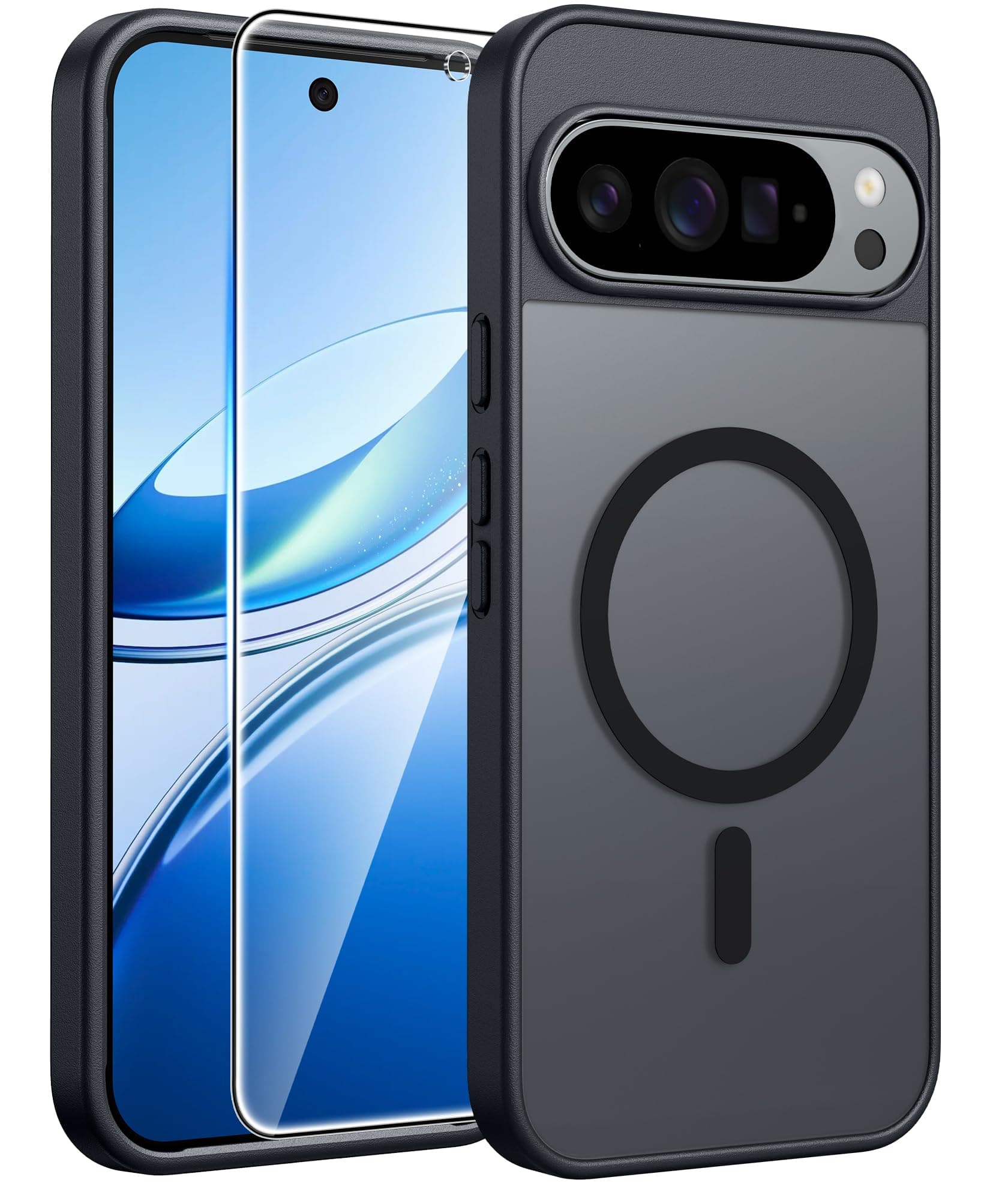 FNTCASE for Google Pixel 9 Case: Google Pixel 9 Pro Magnetic Matte Shockproof Rugged Translucent Phone Cover - Military Grade Drop Proof Rugged Hard Slim Protective Case (Black/6.3")