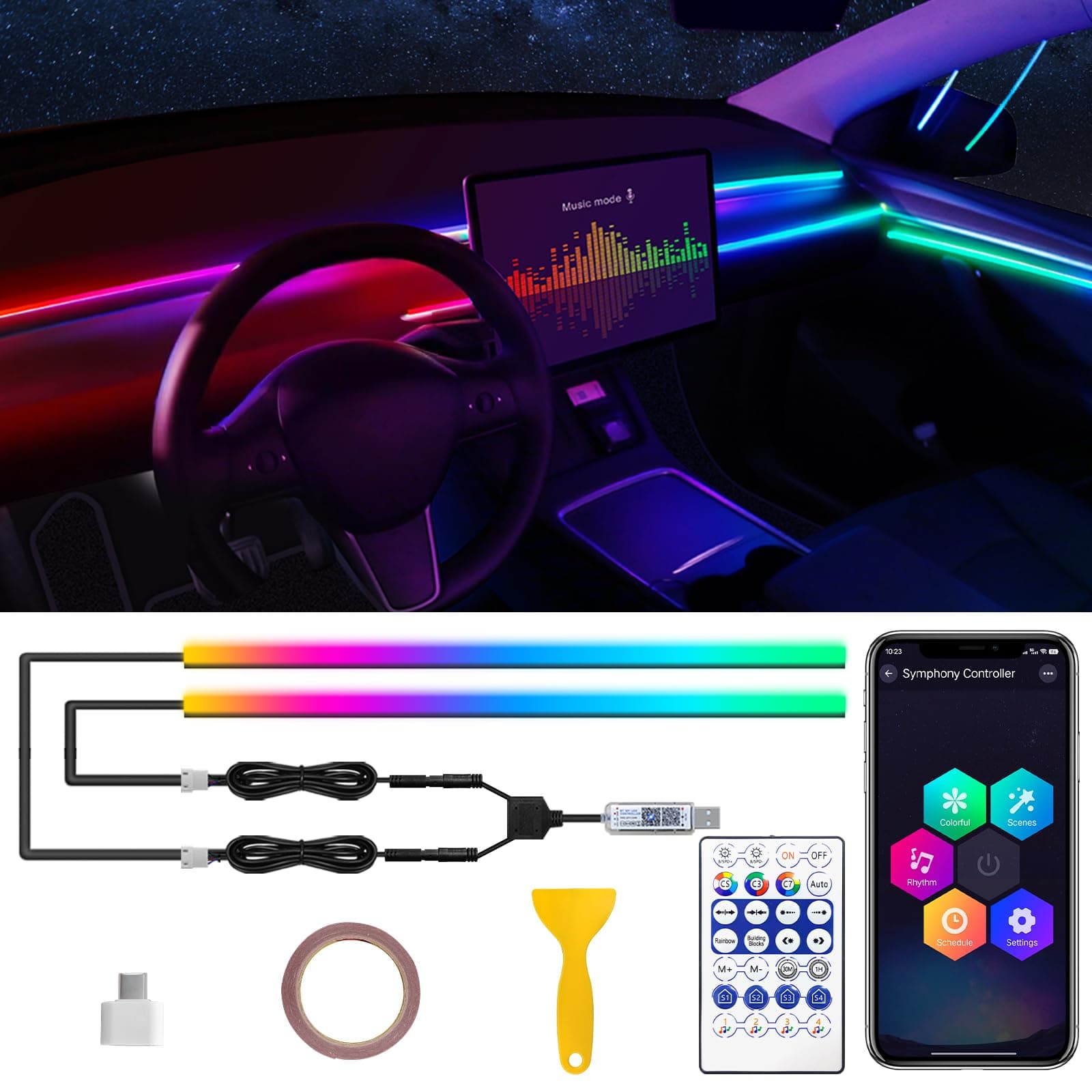 For Tesla Model 3/Y/S/X Dreamcolor Acrylic Interior Car LED Strip Light with USB/Type C, RGB 2 in 1 with 110.2 inches LED Strip, Dynamic Chasing Music Sync Neon For Tesla Ambient Lighting Kits