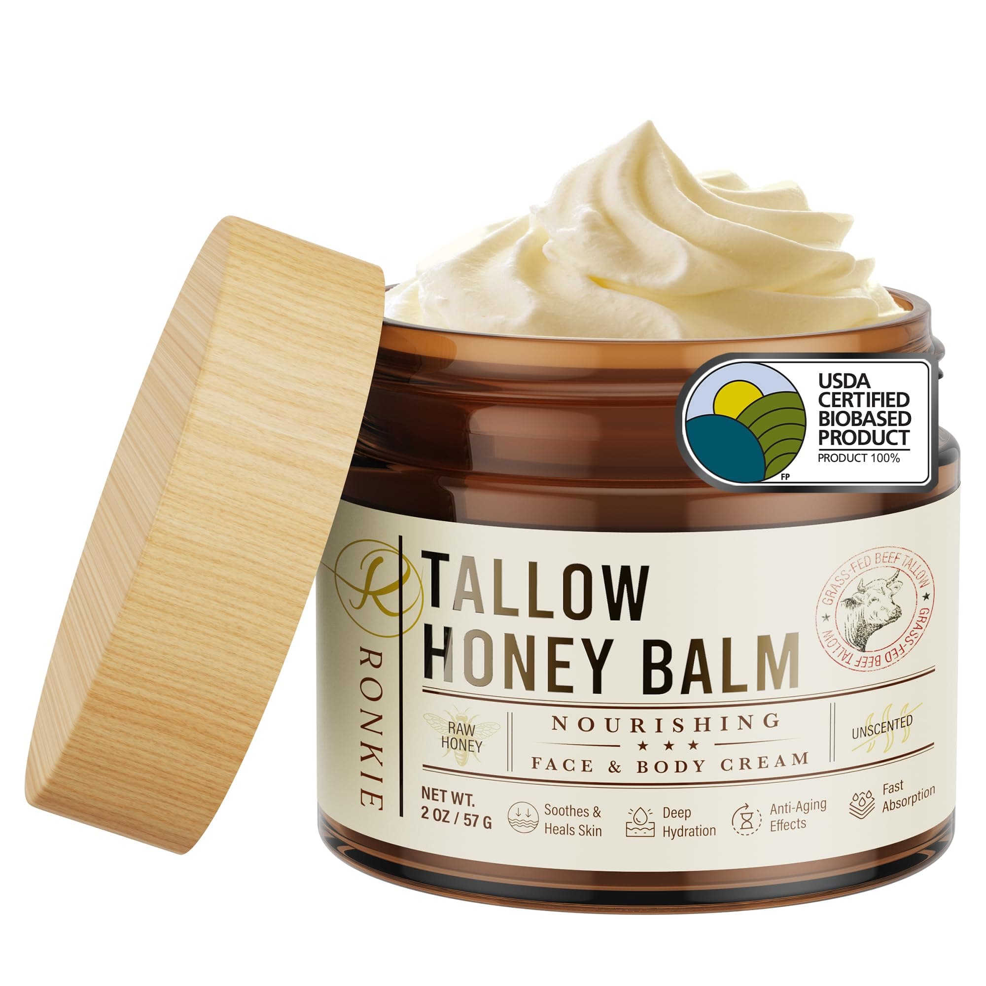 Beef Tallow Skin Care Moisturizer: 100% Grass-Fed Beef Tallow and Raw Honey Balm for Face and Body - Unscented Natural Tallow Face Cream Soft Smooth for Dry Skin and Eczema 2oz