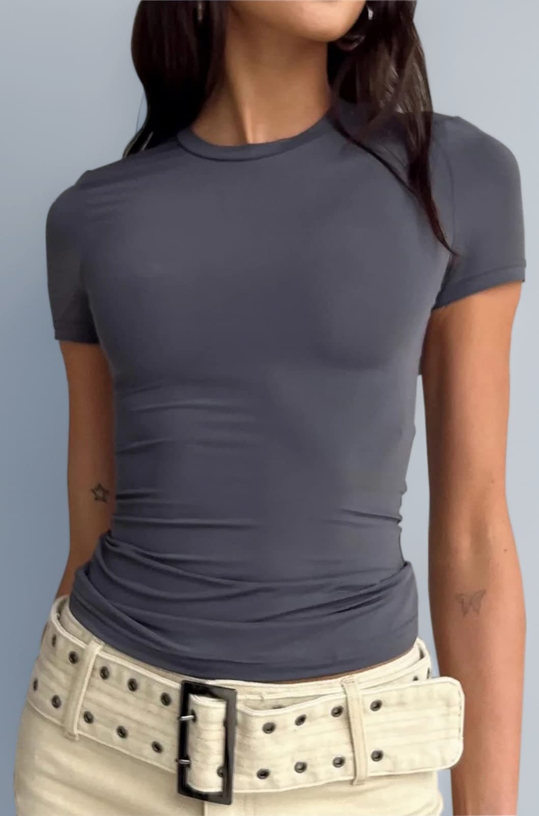 AKLOPVII BAIGRAM Women’s Basic Slim fit Crop Top Tee Shirt Short Sleeve Workout Round Neck Cropped Tshirt