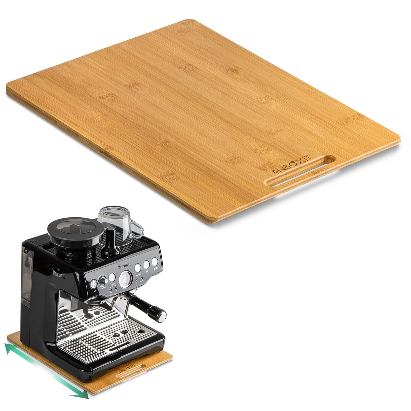 ANBOXIT Bamboo Appliance Slider, Sliding Tray for Coffee Maker, Kitchen Countertop Appliance Rolling Tray, Coffee Pot Slider Tray with Rubber Wheels, Deep - Large (16"D x 12"W)