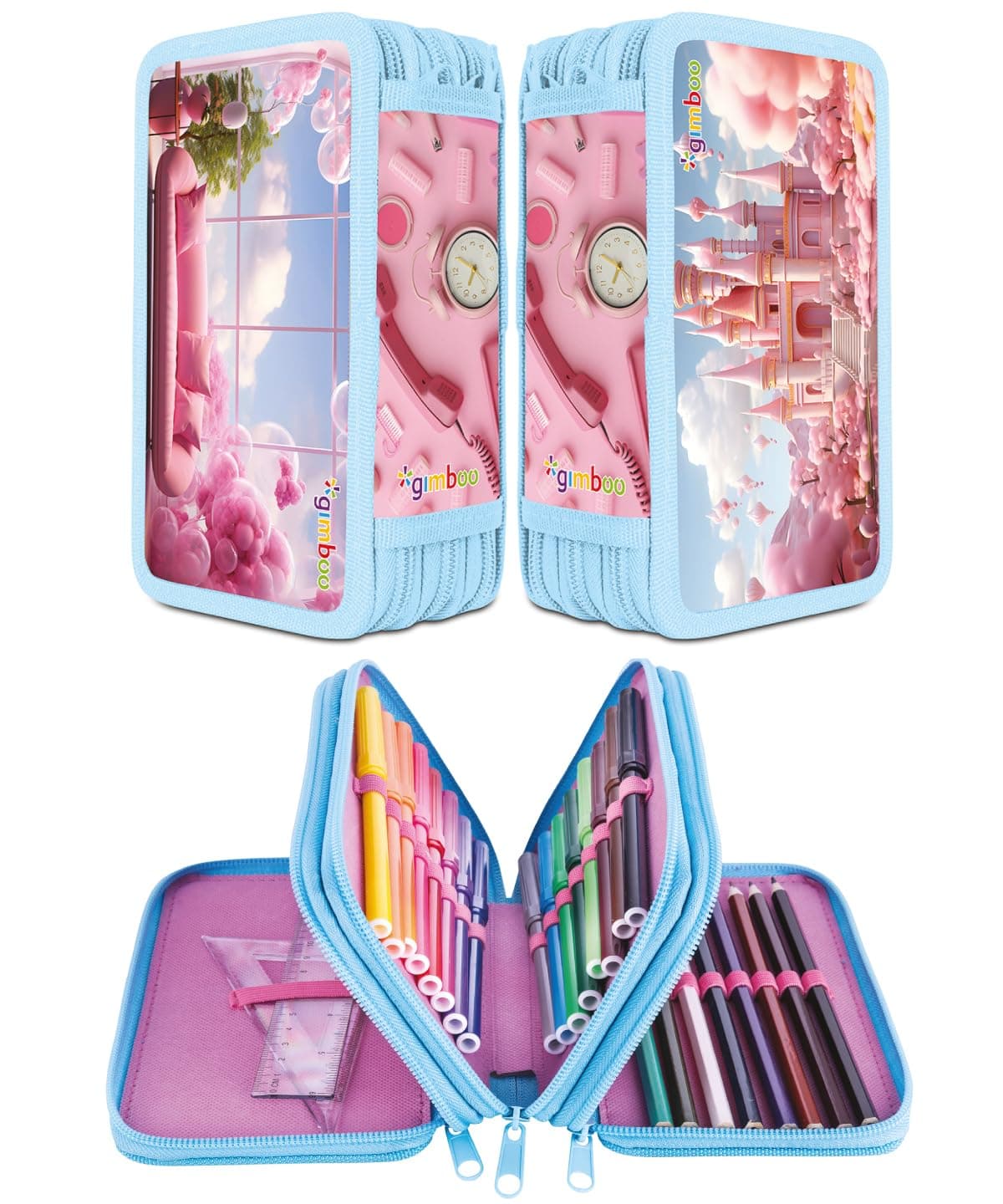 gimboo School Pencil Case with Accessories, Multicoloured, 19 x 11,5 x 6 cm, Motif: Sweet Pink Motif