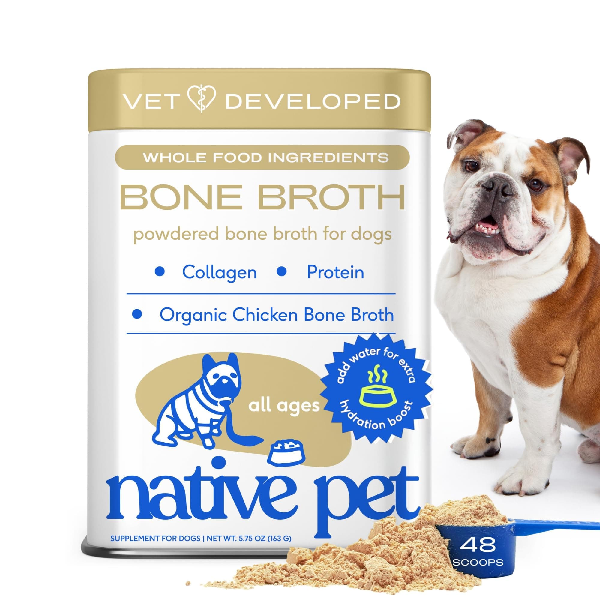 Bone Broth for Dogs and Cats - Chicken Bone Broth Powder Dog Food Toppers for Picky Eaters - Provides Extra Nutrition for Joint Strength, Immune Support & Heart Health - 48 Scoops