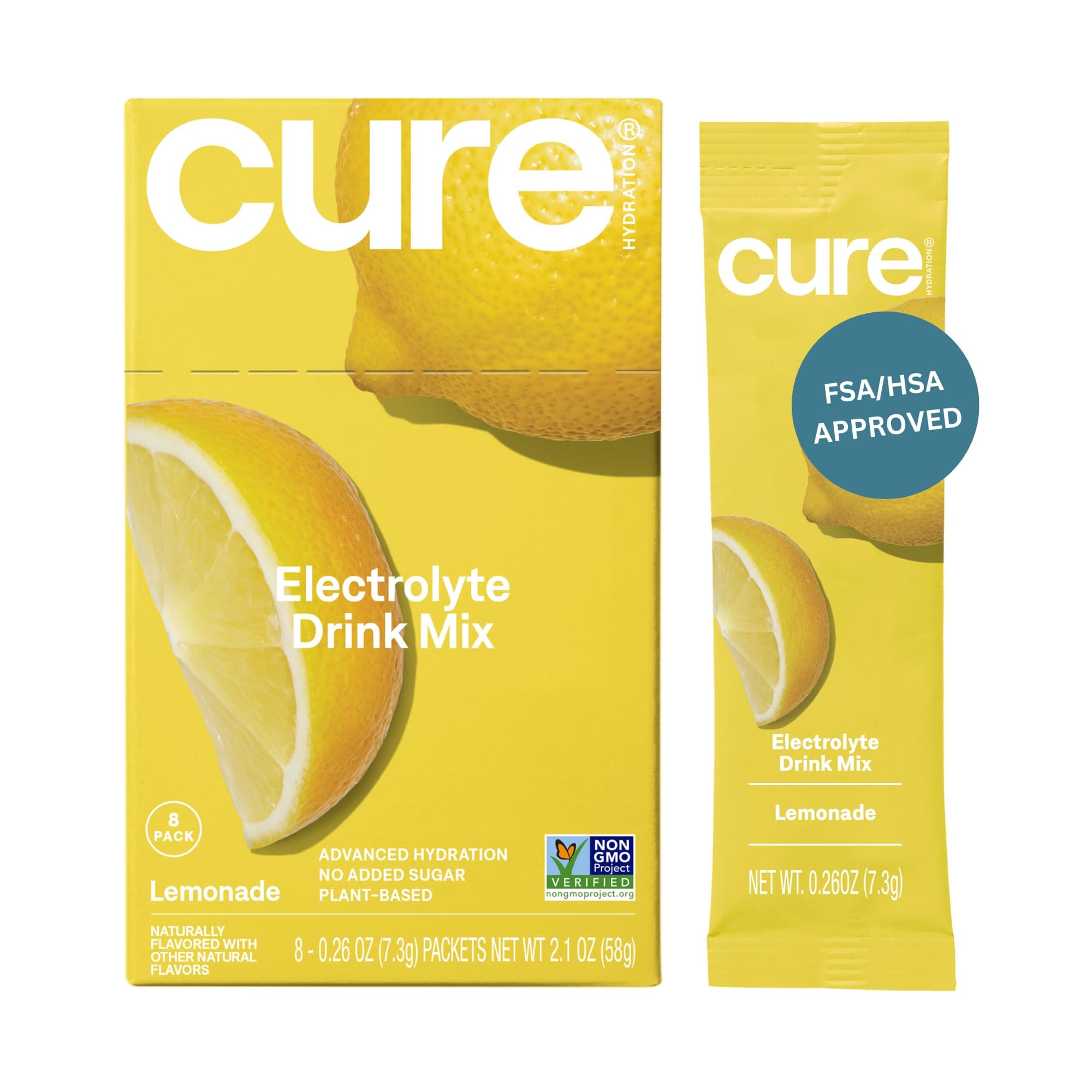 Cure Hydration | Plant-Based Electrolyte Drink Mix | No Added Sugar | FSA-HSA | Dehydration Relief Powder Made with Coconut Water | Non-GMO | Vegan | Box of 8 Packets - Lemonade