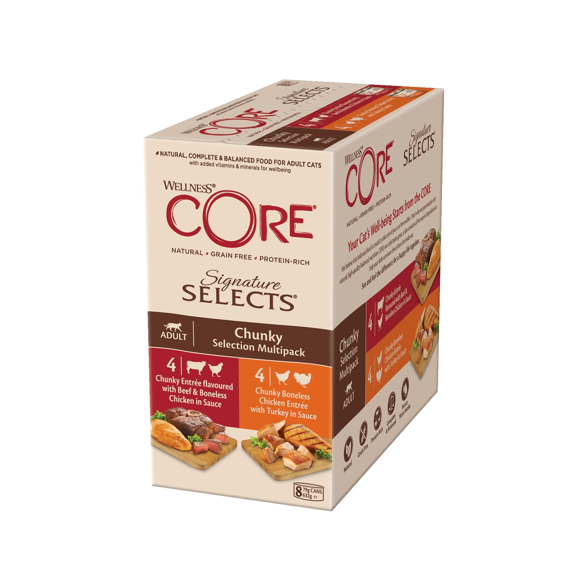 Wellness CORE Signature Selects 8 x 79g, Beef, Chicken & Turkey Selection – Wet Cat Food, Tender Chunks in Sauce, Grain-Free, Natural, Hypoallergenic, Protein-Rich, High Meat Content