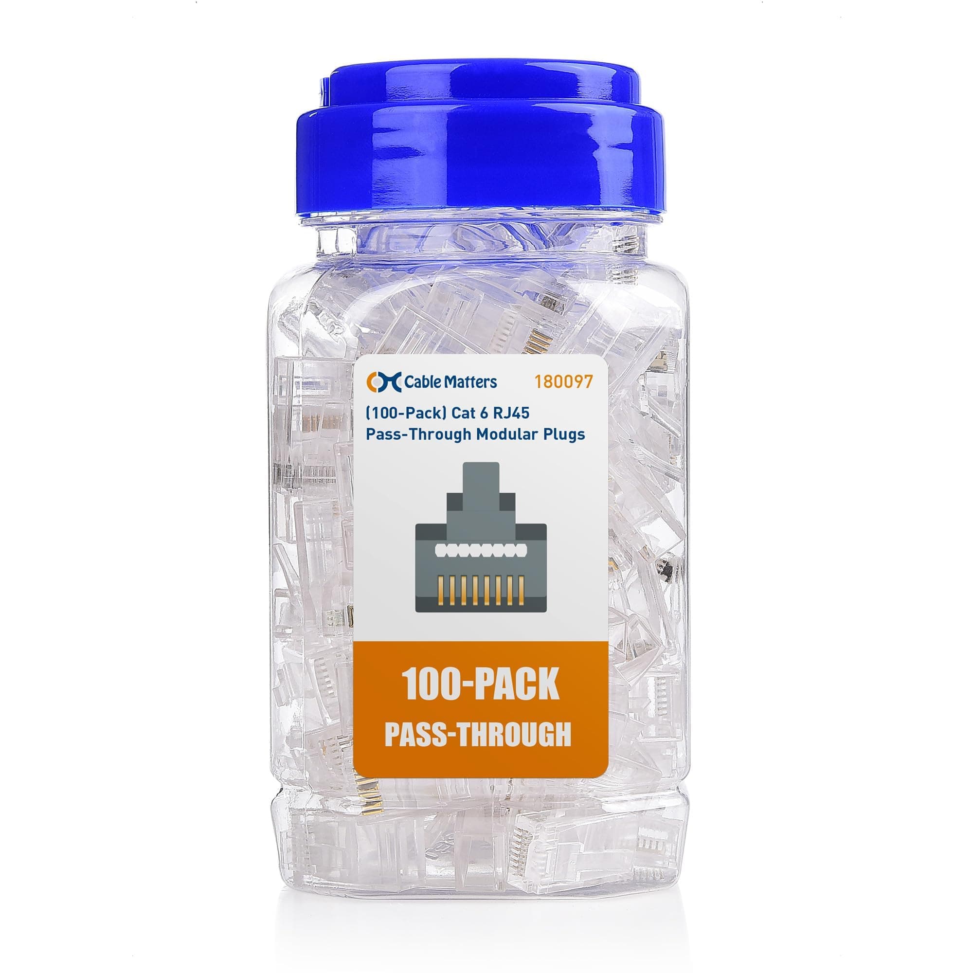 Cable Matters 100-Pack Cat 6 Pass Through RJ45 Connectors, 50µ Gold Plated (Cat 6 Ends / Cat6 Connector /RJ45 Modular Plugs/Ethernet Plugs/Network Connector) for Solid or Stranded UTP Ethernet Cable