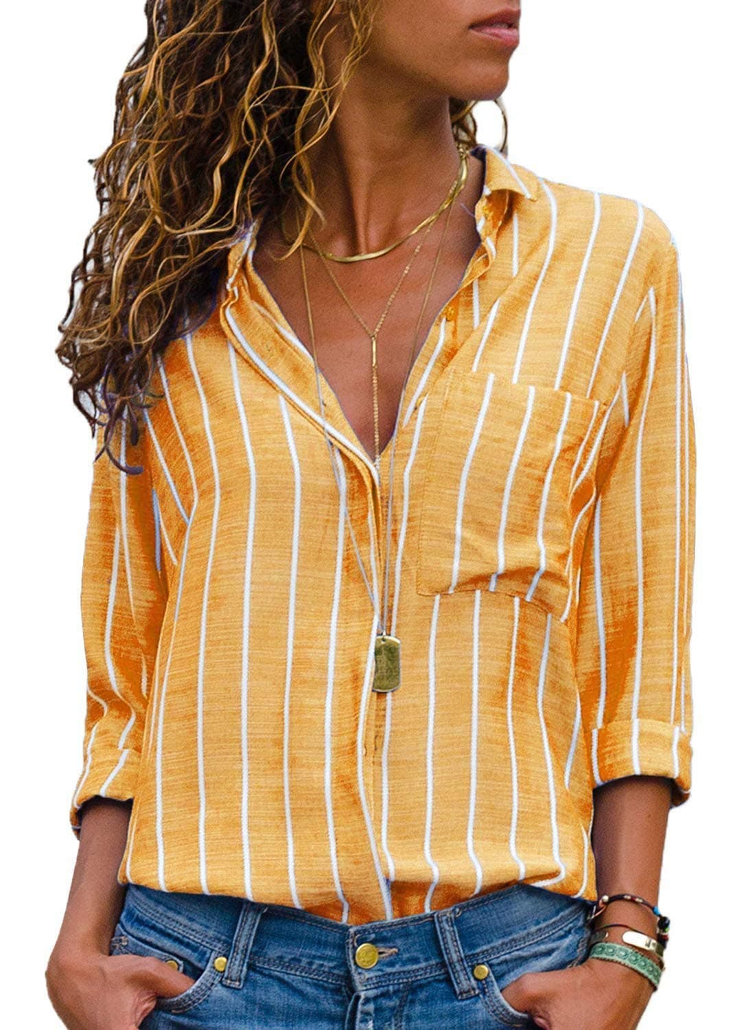 Women's Stripes Button Down Shirts Roll-up Sleeve Tops V Neck Casual Work Blouses