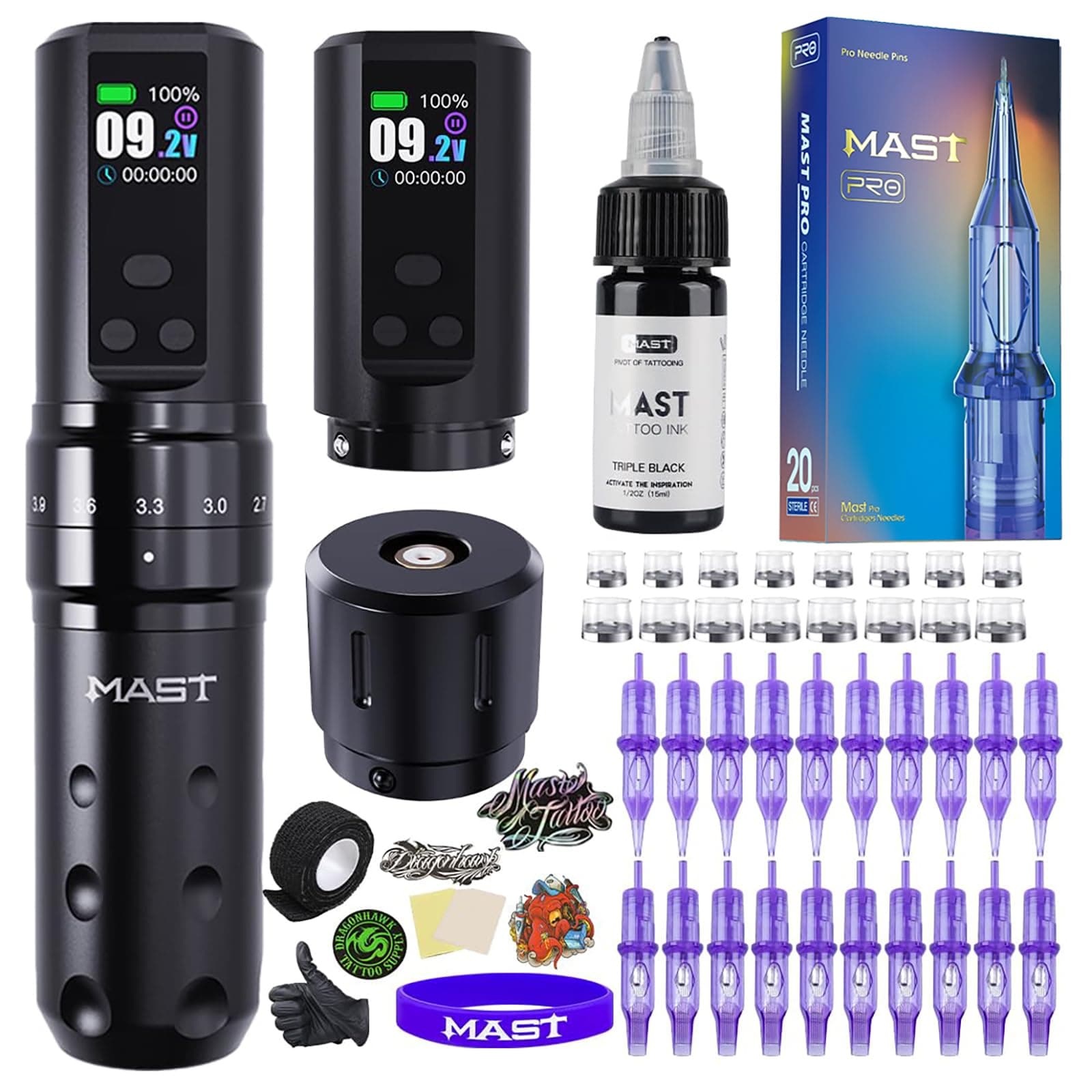 Mast Fold2 Pro Tattoo Kit Complete Tattoo Gun Machine Kit 2 Batteries 2000mAh Power Supply for Long Time Needles Cartridges Black Tattoo Ink Kit (Full Fold2 Pro - Black)