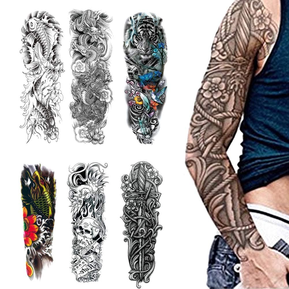 6 Sheets Full Arm Temporary Tattoo Body Transfer Stickers,Waterproof Skull Tiger Dragon Pattern Arm Fake Tattoos Stickers For Men and Women