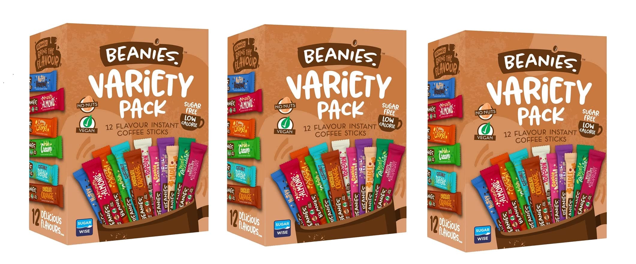 3 x Beanies Coffee Sachets Variety Box 12 Per Pack - Mixed Flavoured Instant Coffee - Vegan, nut free, low calories