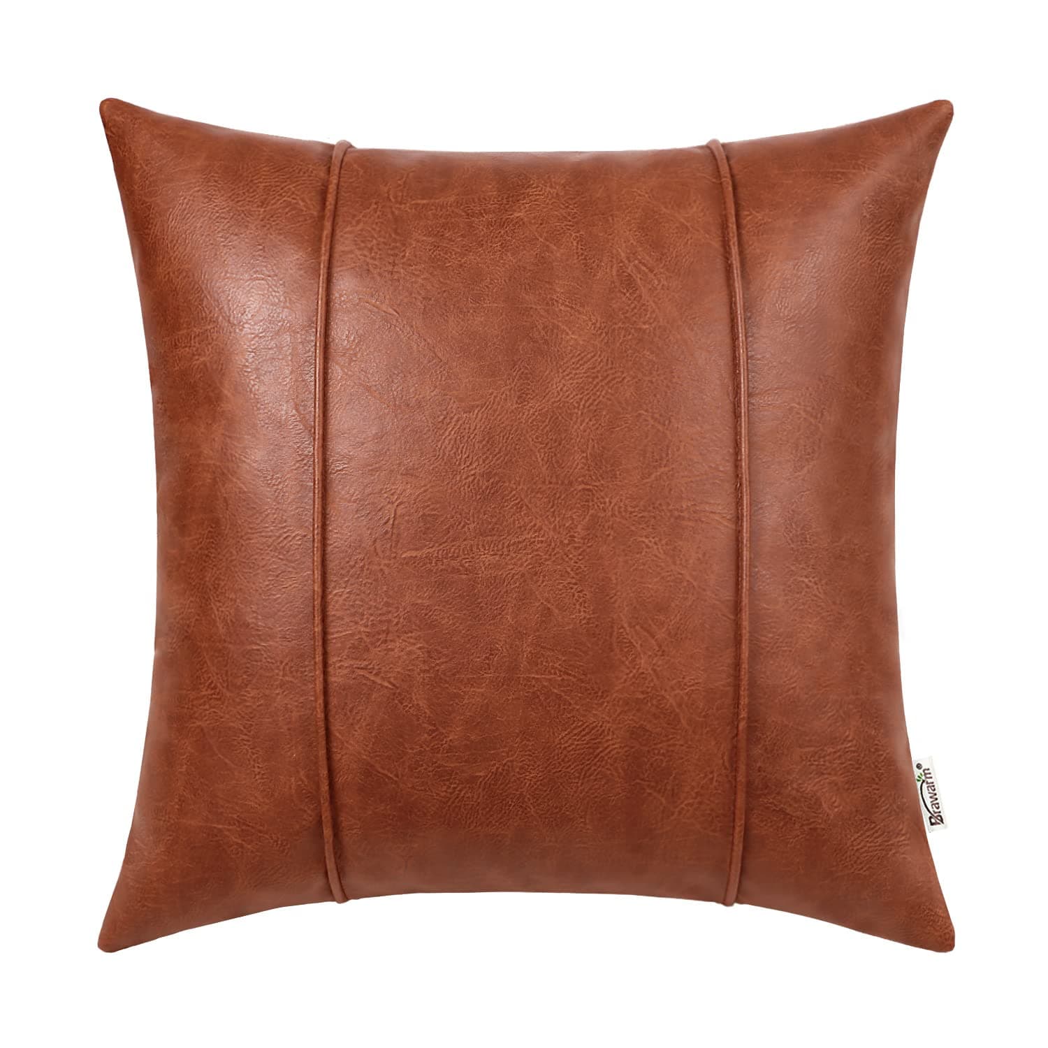 BRAWARM Cognac Leather Throw Pillow Covers 16 X 16 Inches - Faux Leather Pillow Cover with Piping, Hand Stitched Leather Throw Pillow for Couch Sofa Bed Living Room Home Decorative
