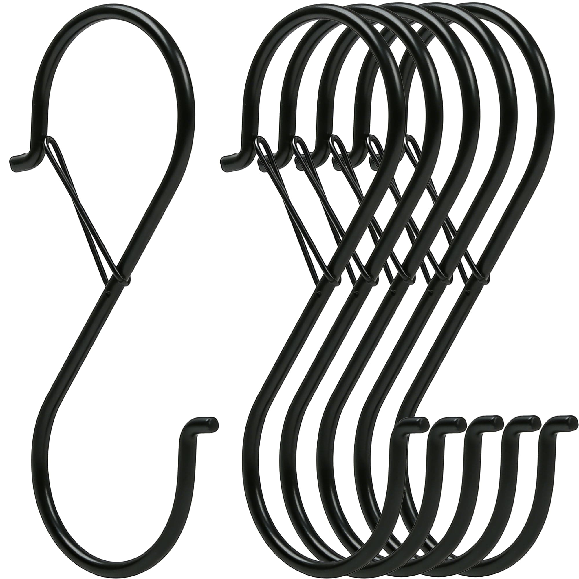 Ansxiy 6 Pack 5 Inch S Hooks for Hanging, Heavy Duty S Hooks with Safety Buckle, S Shape Hooks for Hanging Kitchen Utensils, Pots and Pans, Cups, Plants, Clothes and Bags, Black
