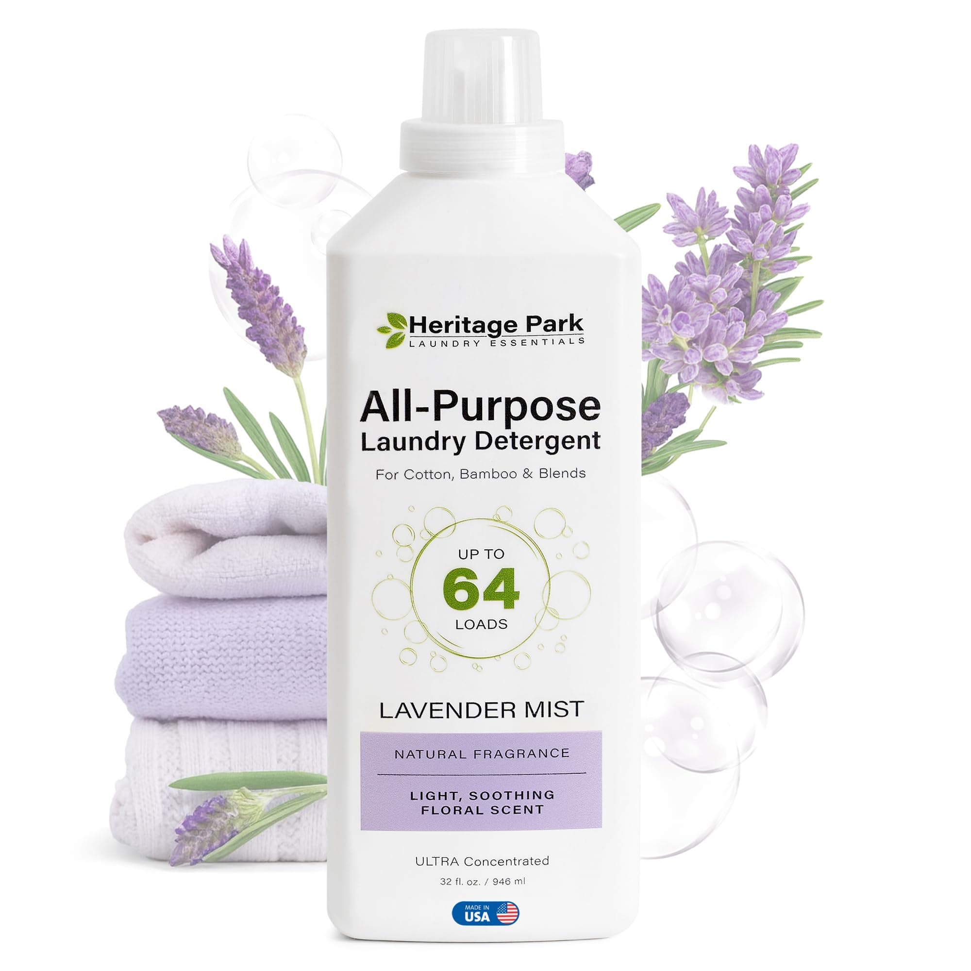 Heritage Park Luxury Laundry Detergent | Dermatologist Tested Plant based Natural & Enzyme Laundry Detergent | Sensitive Skin Friendly - Lavender Mist (32 fl oz)