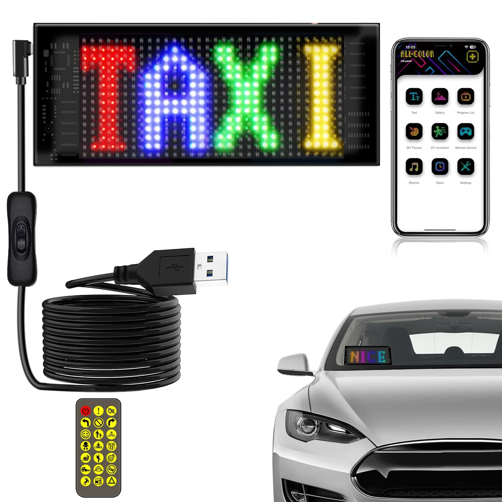17x7 CM Car LED Sign - Bluetooth App/Remote Control Flexible Programmable Car LED Interior Lights, USB 5V Cars Custom Text Pattern Display Board Matrix Panel, Cars Gadgets Men/Bar Party/Window/Door