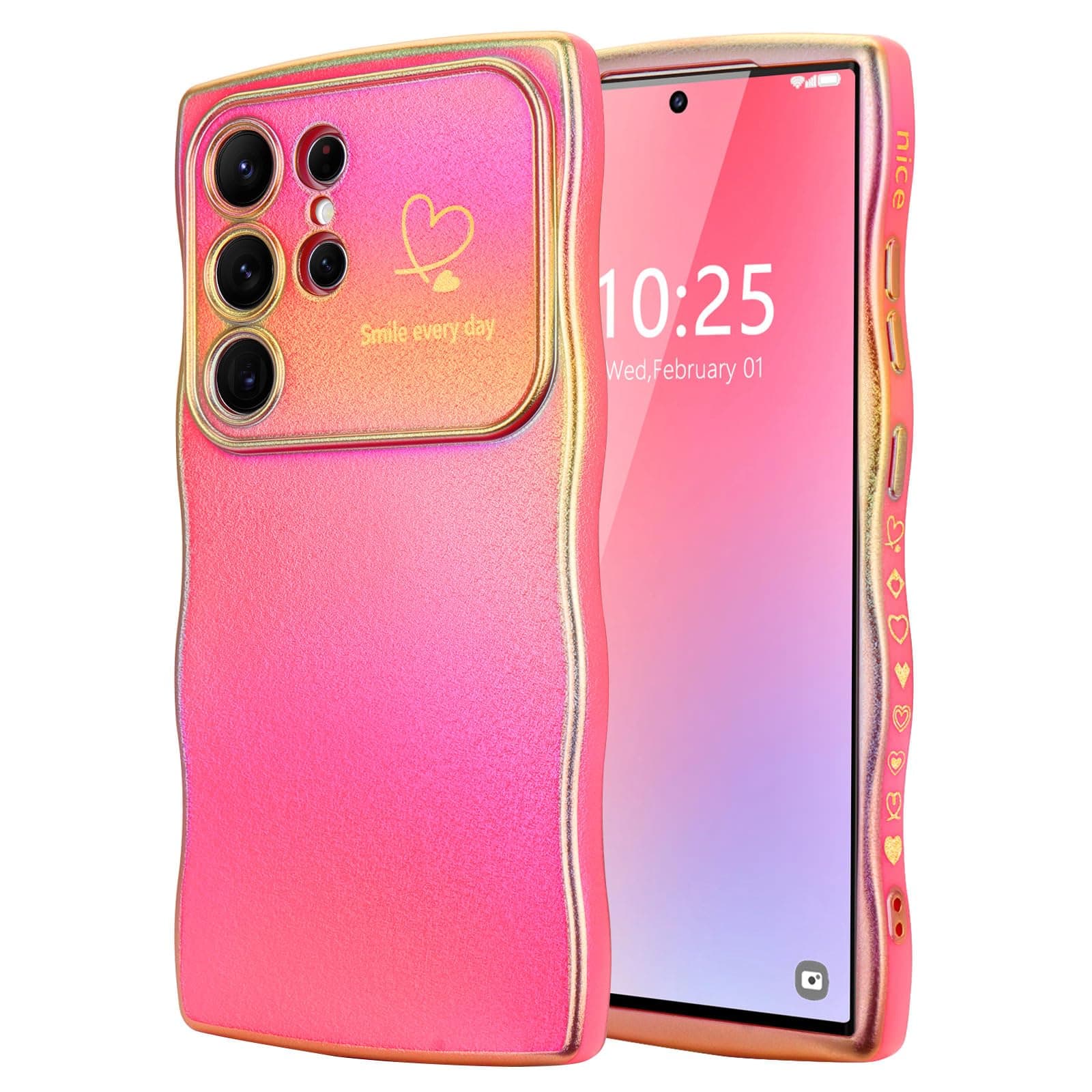 LCHULLE for Samsung Galaxy S24 Ultra Case,Cute Wave Frame Curly Shape Love Heart Phone Case for Women Girls,Luxury Plating Shockproof Protection Cover for Samsung S24 Ultra,Colourful Hot Pink