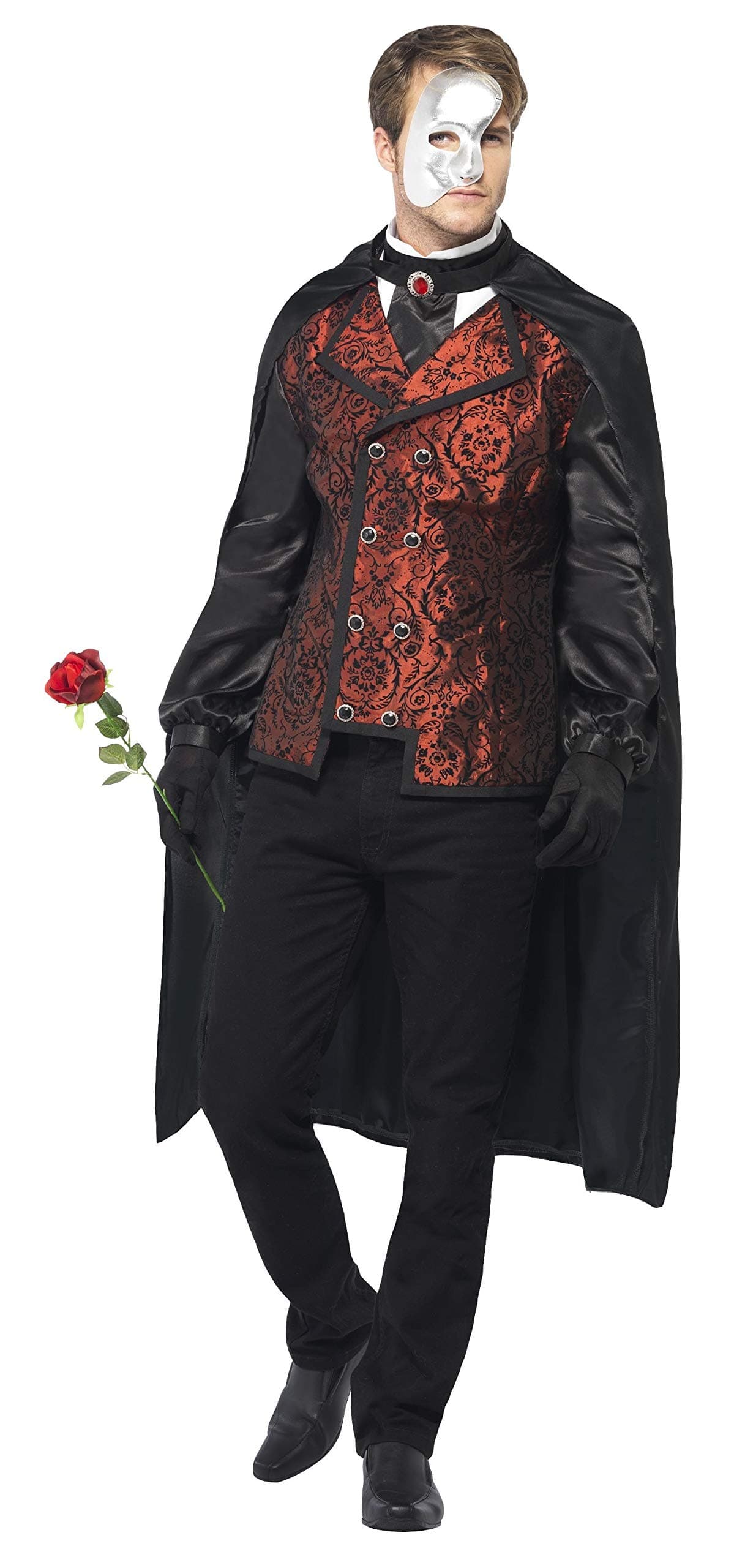 Dark Opera Masquerade Costume, Black with Cape, Mock Shirt, Mask, Gloves & Faux Rose, Halloween Carnival of The Damn Fancy Dress, Vampire Dress Up Costumes