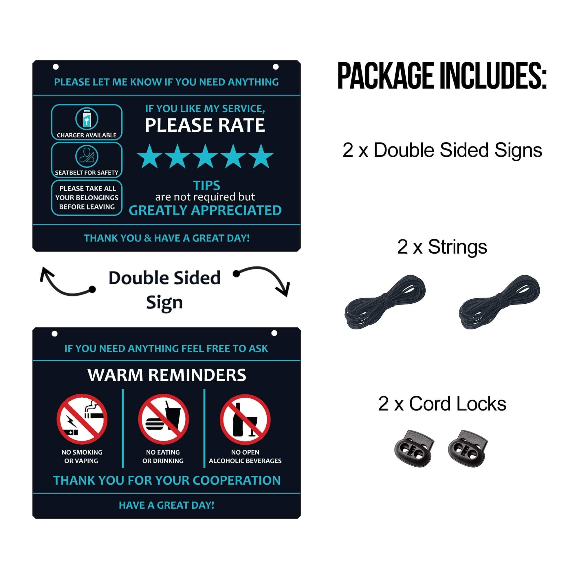 Nebudo Compatible with Lyft Uber (2-Pack) Tips Rating Appreciated Rideshare Accessories – 7” x 5” – Interior Acrylic Headrest Sign - Rate Me Tip No Smoking for 5 Star Rides for Ride-Share Drivers