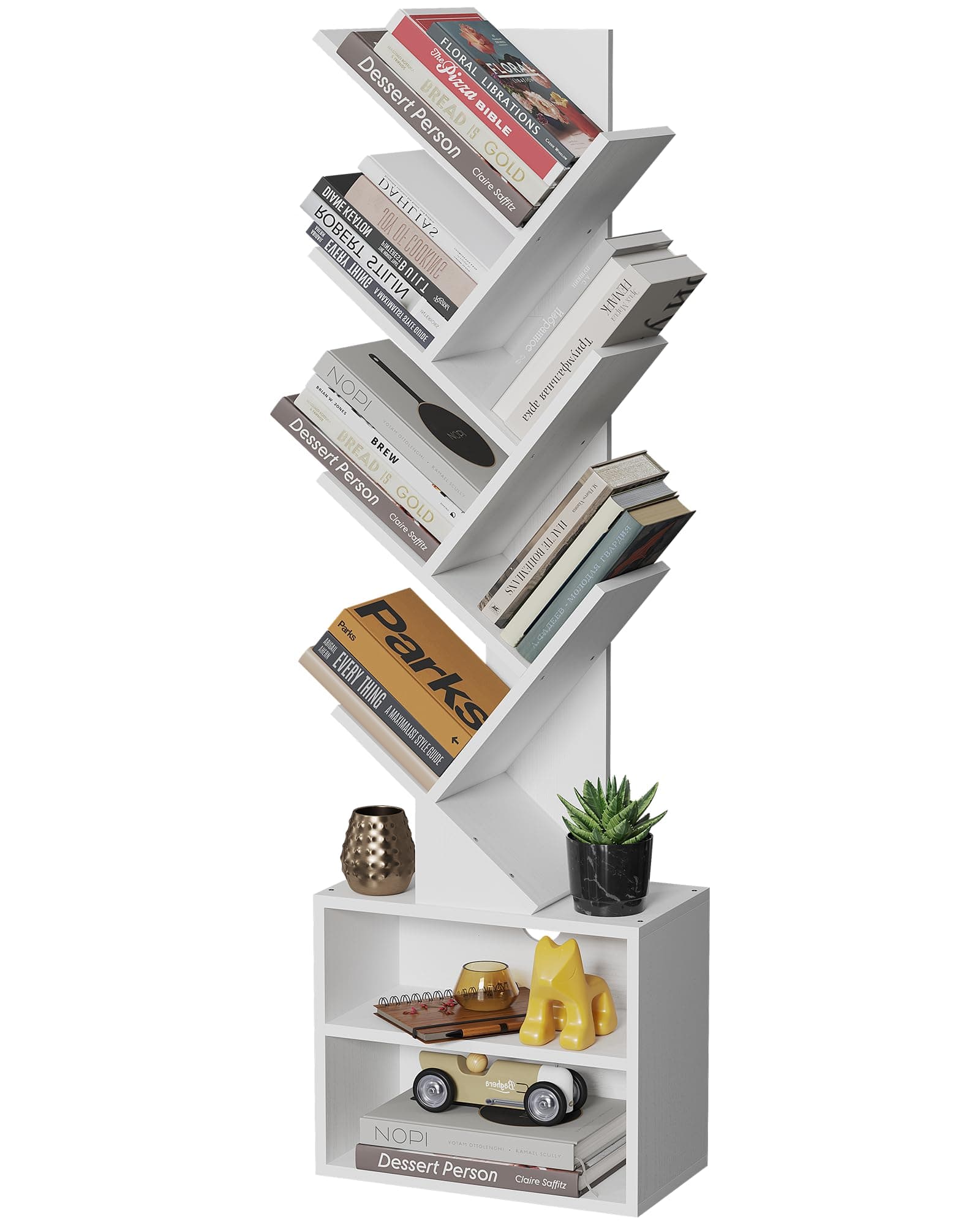 SUNMORY 6 Tier Tree Bookshelf, Tall Bookcase with Storage Cabinet, Modern Narrow Bookshelves Organizer, Floor Standing Book Shelf for Bedroom/Living Room/Home Office/Corner, White