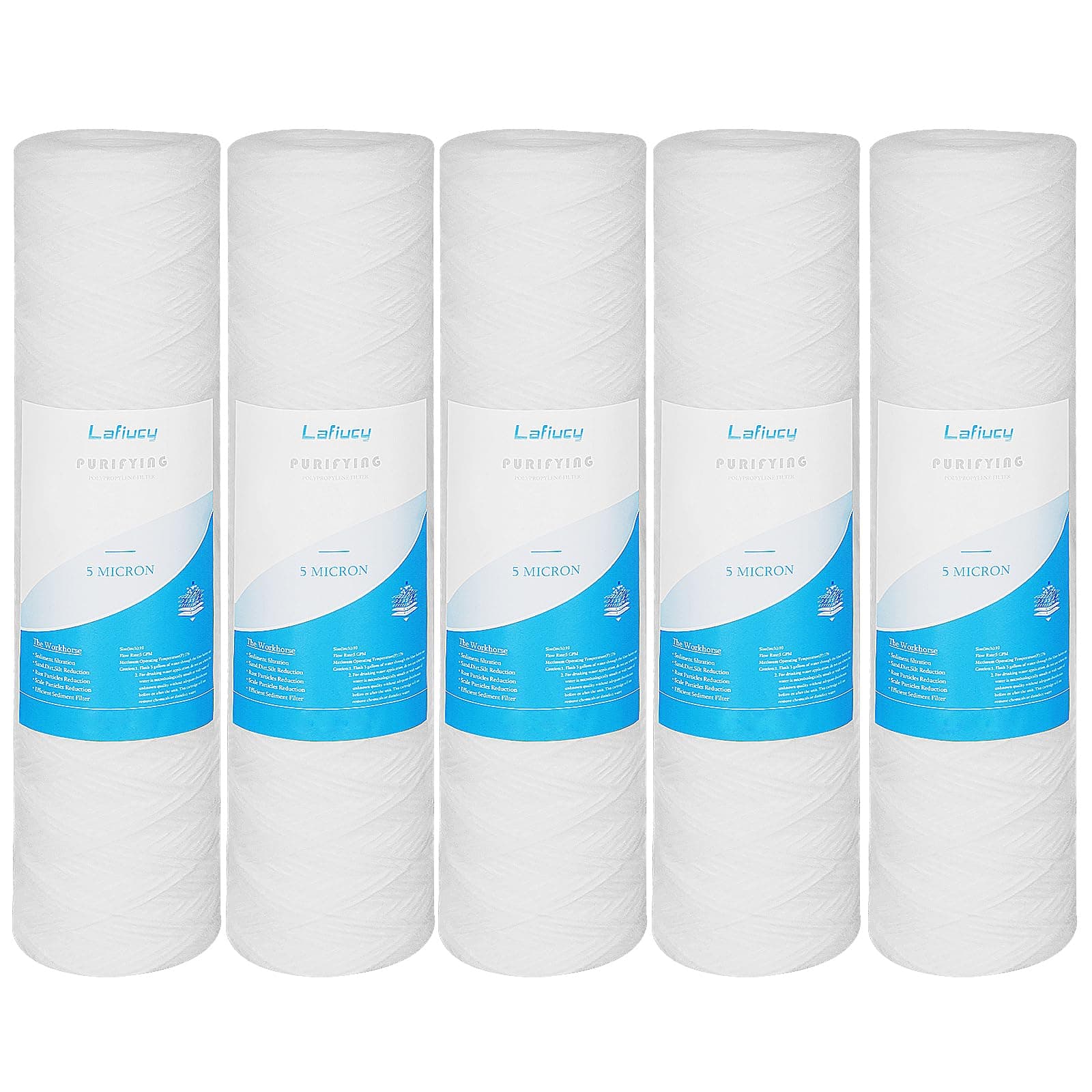 5 Micron 10" x 2.5" String Wound Sediment Water Filter Cartridge,5 Pack,Whole House Sediment Filtration, Universal Replacement for Most 10 inch RO Unit