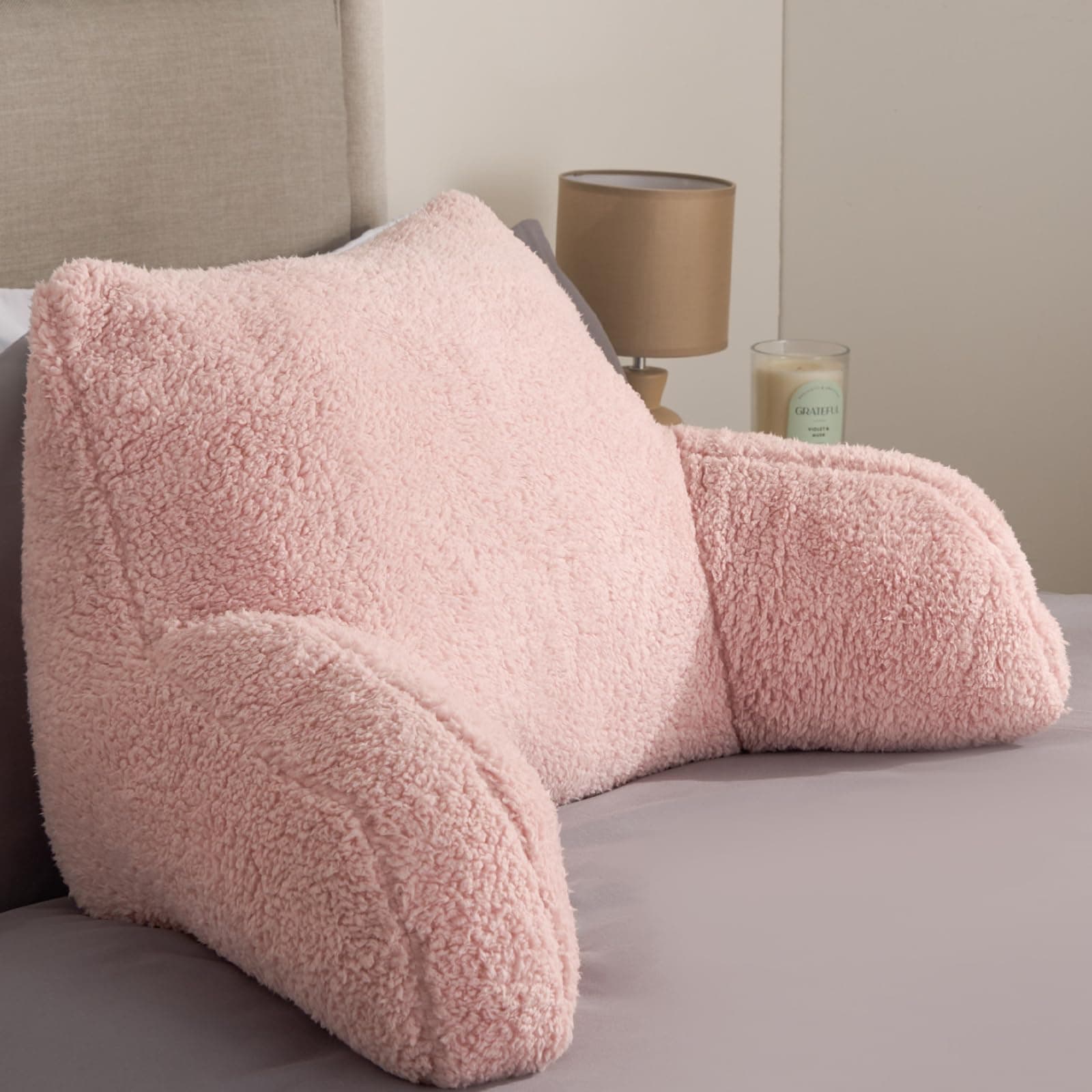 OHS Cuddle Cushion Teddy Pink, Backrest Pillow with Arms Super Soft Cosy Supportive Reading Pillows for Bed Teddy Pillow for Adults Snuggle Bed Seat Working from Home