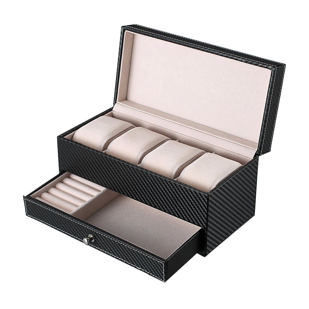 Goldwheat Double Layer Watch Box PU Leather Watch Case Gift for Men and Women,4 Slots Magnetic Top Watch Display Case Organizer Travel Jewelry Box with Valet Drawer in Black-8.7 x 4.2x 4.3 inch