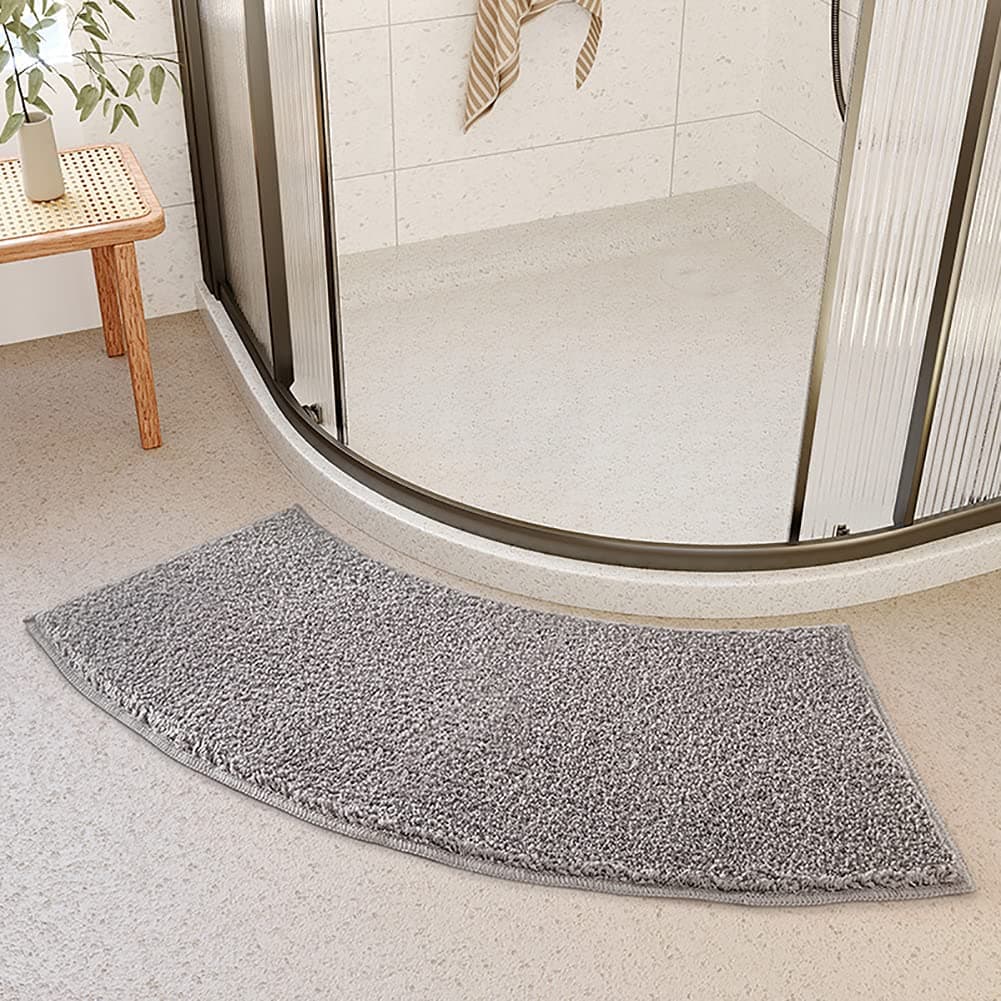 Quadrant Curved Bath Carpet, Microfibre Non Slip Corner Shower Mat, Soft Fluffy Washable Curved Bath Mat Rug, Luxury Bathtub Carpet, Grey-12.5x39In